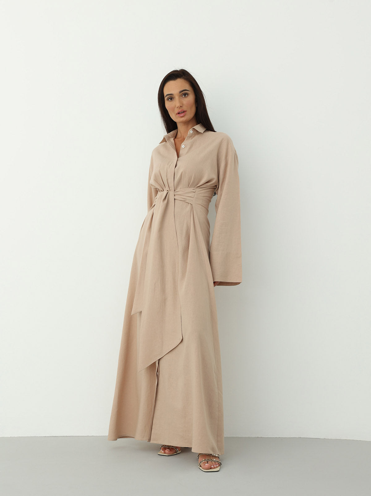 Linen Wrap Dress in Beige Color