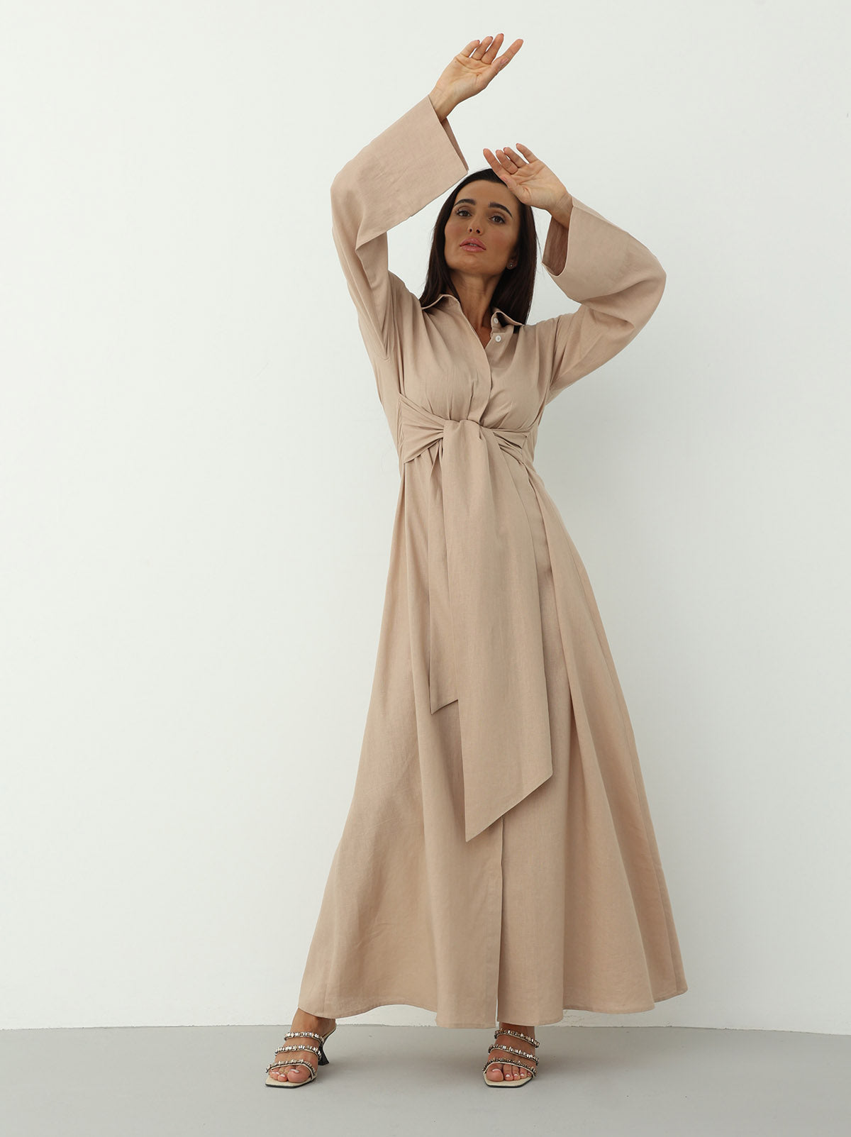 Linen Wrap Dress in Beige Color