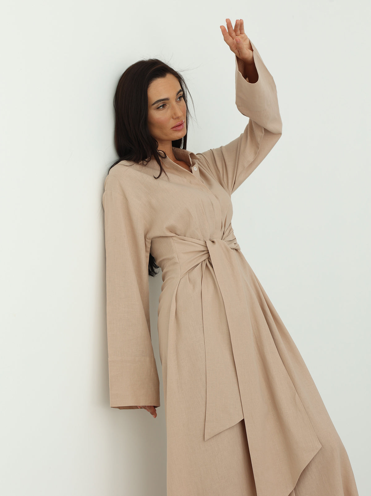 Linen Wrap Dress in Beige Color