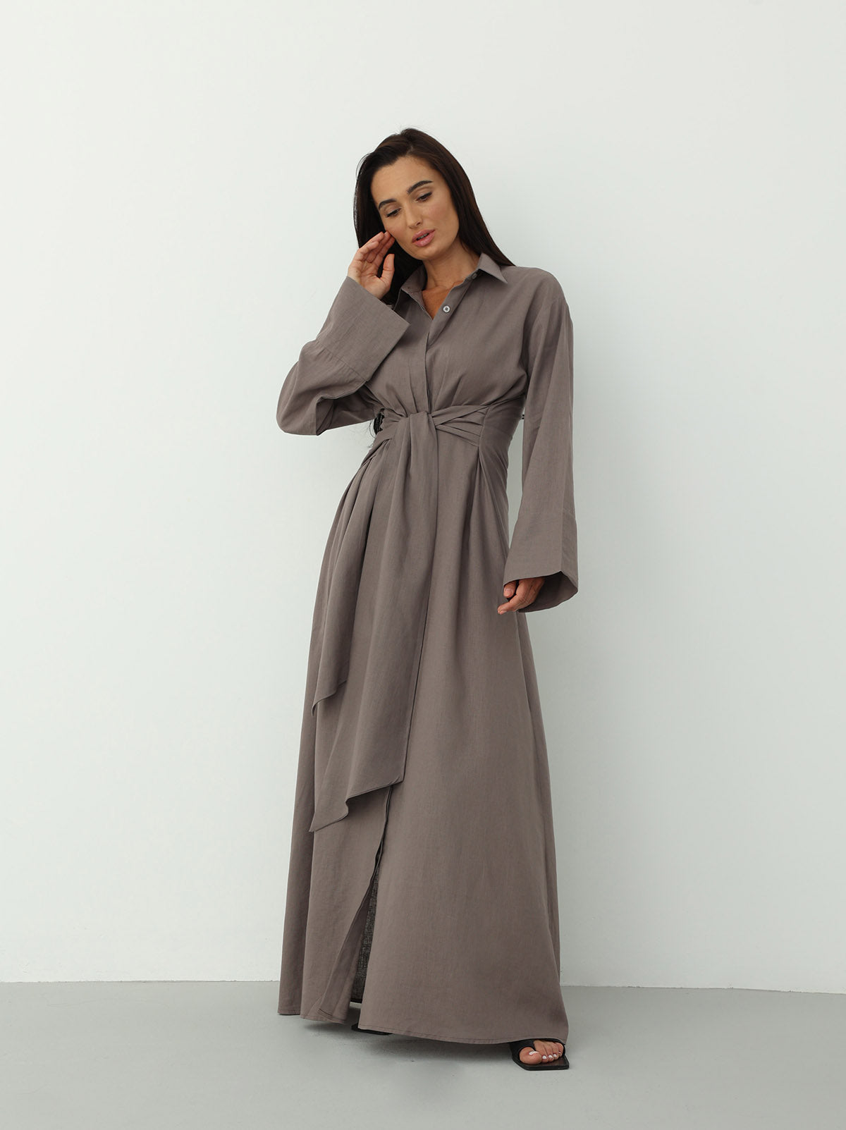 Linen Wrap Dress in Almond Frost Color