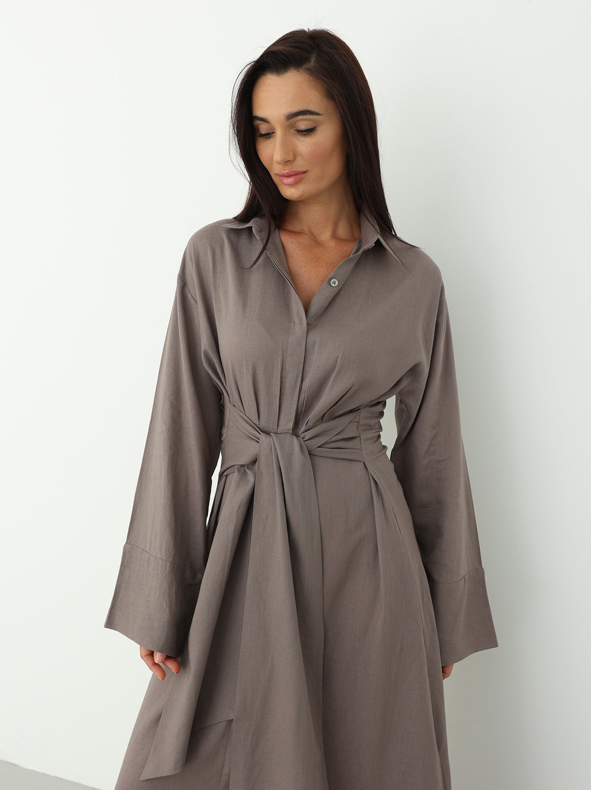 Linen Wrap Dress in Almond Frost Color