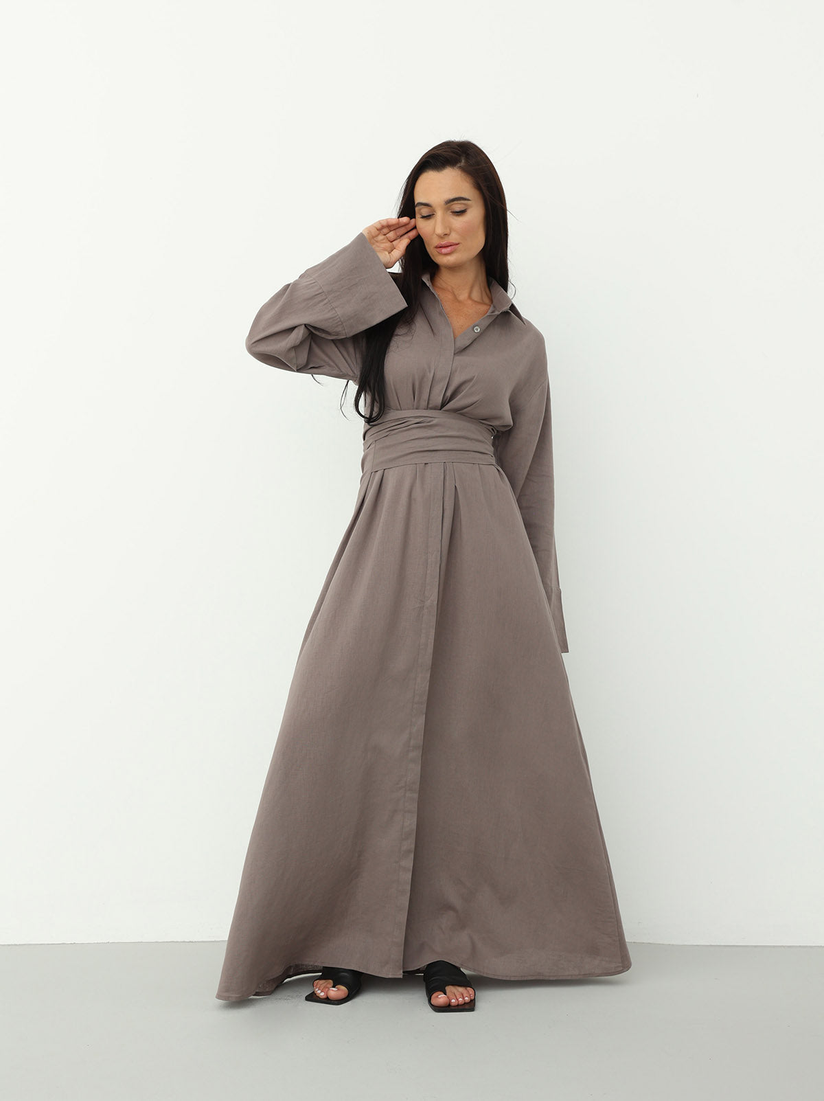 Linen Wrap Dress in Almond Frost Color