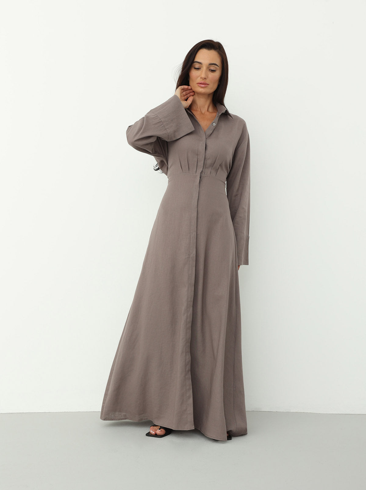 Linen Wrap Dress in Almond Frost Color