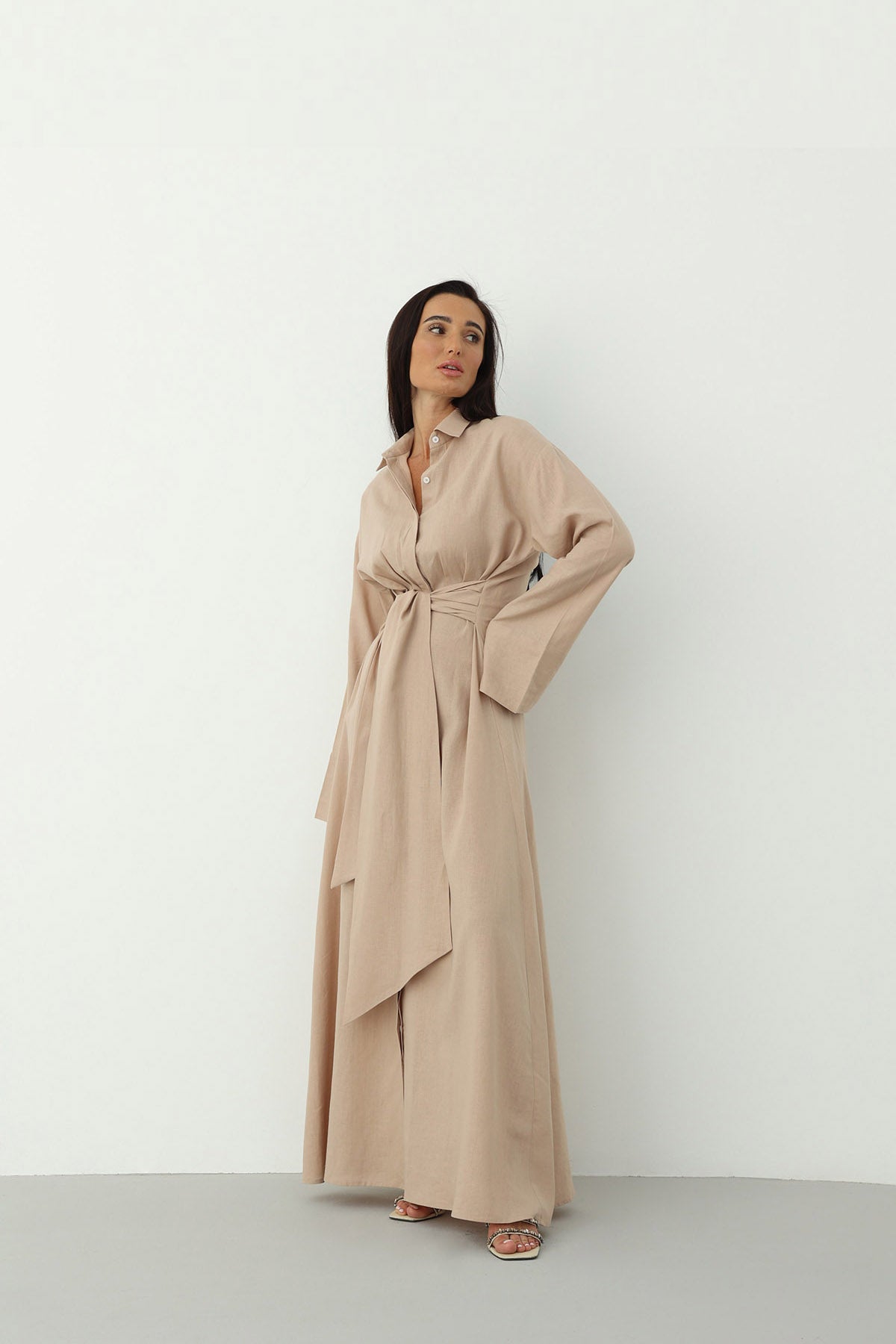 Linen Wrap Dress in Beige Color