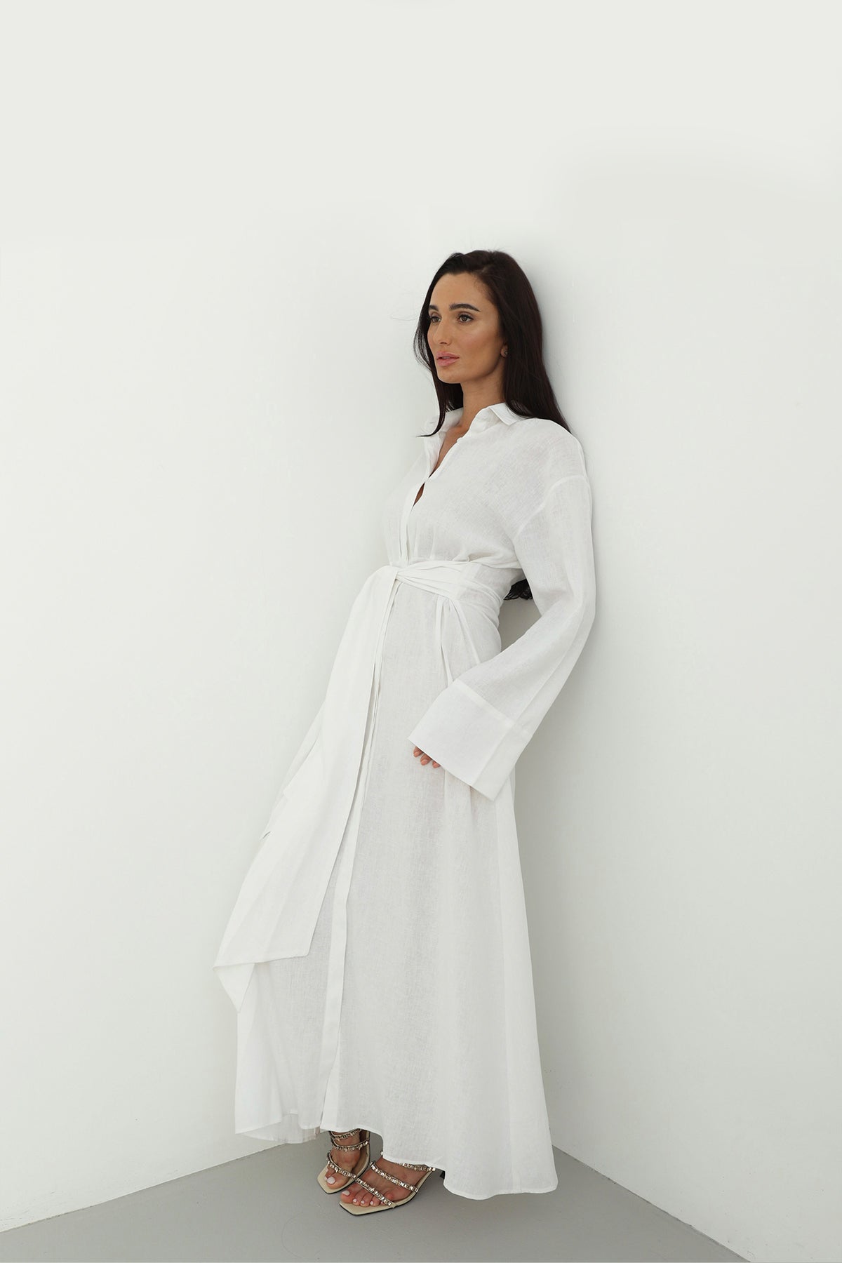 Linen Wrap Dress in White Color