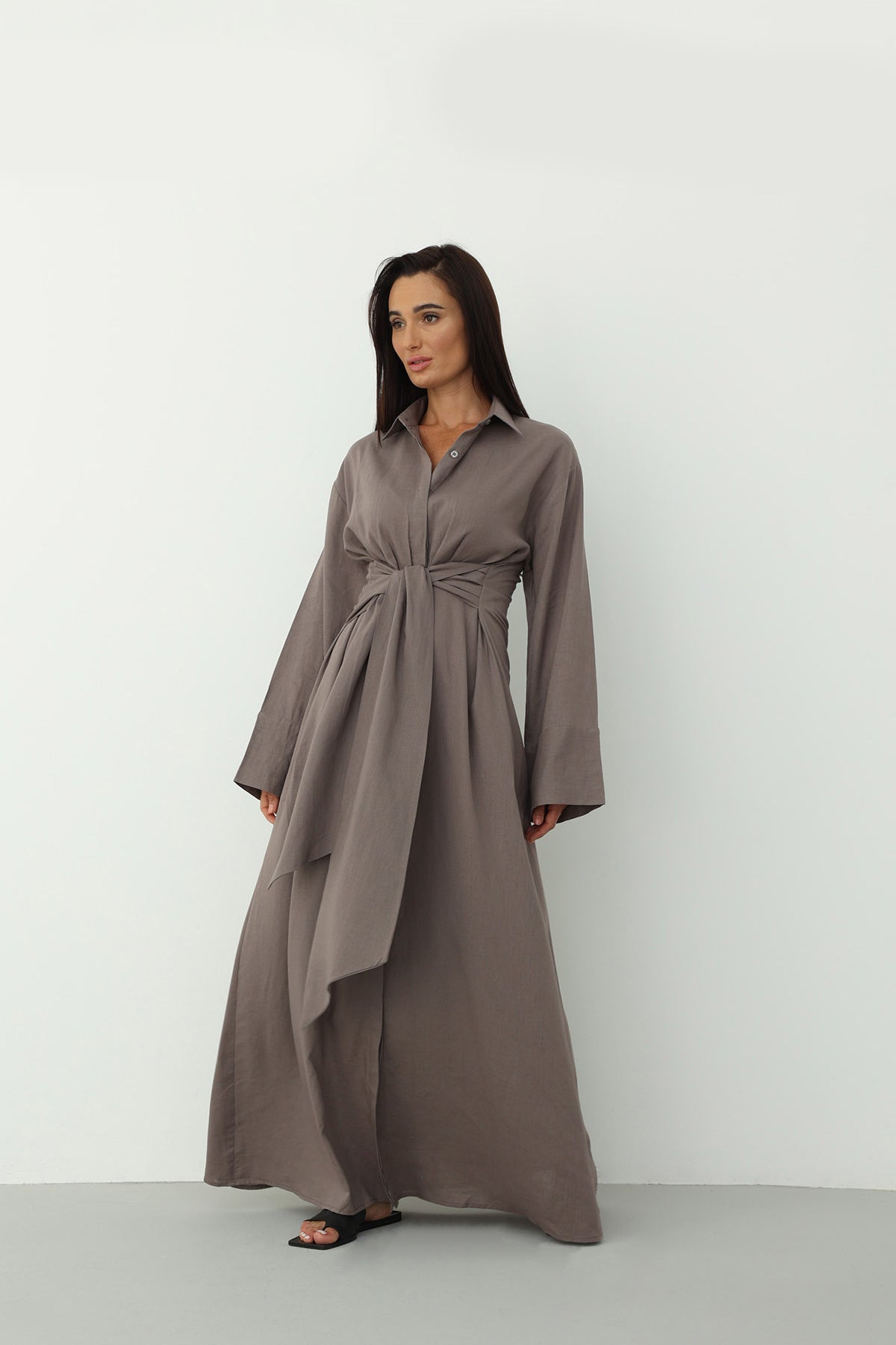 Linen Wrap Dress in Almond Frost Color