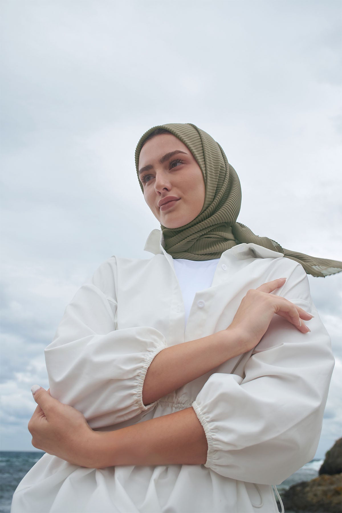 Pleated Chiffon Scarf in Olive Haze Color