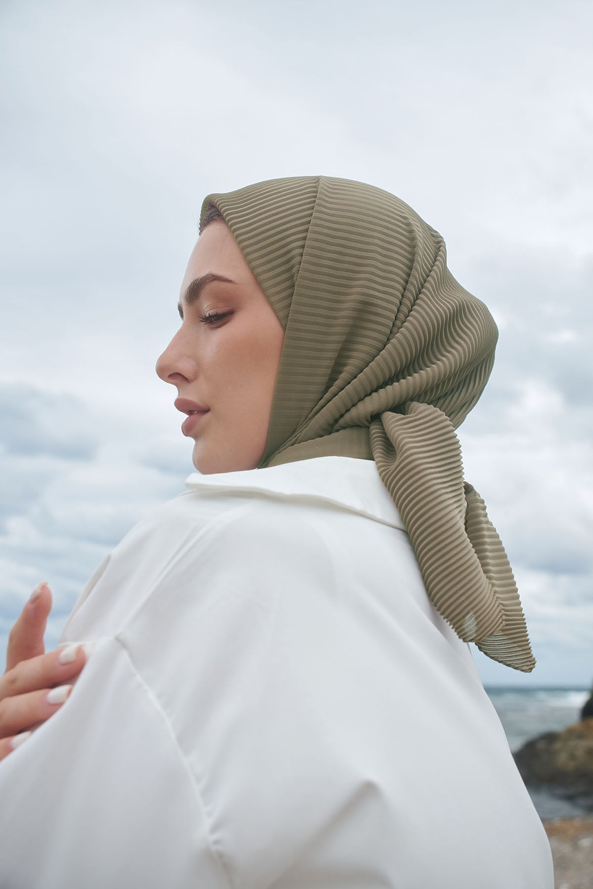 Pleated Chiffon Scarf in Olive Haze Color