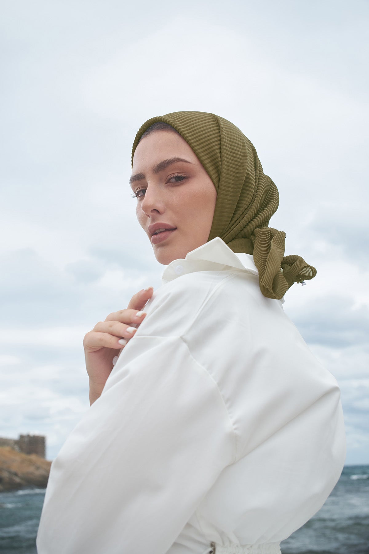 Pleated Chiffon Scarf in Army Green color