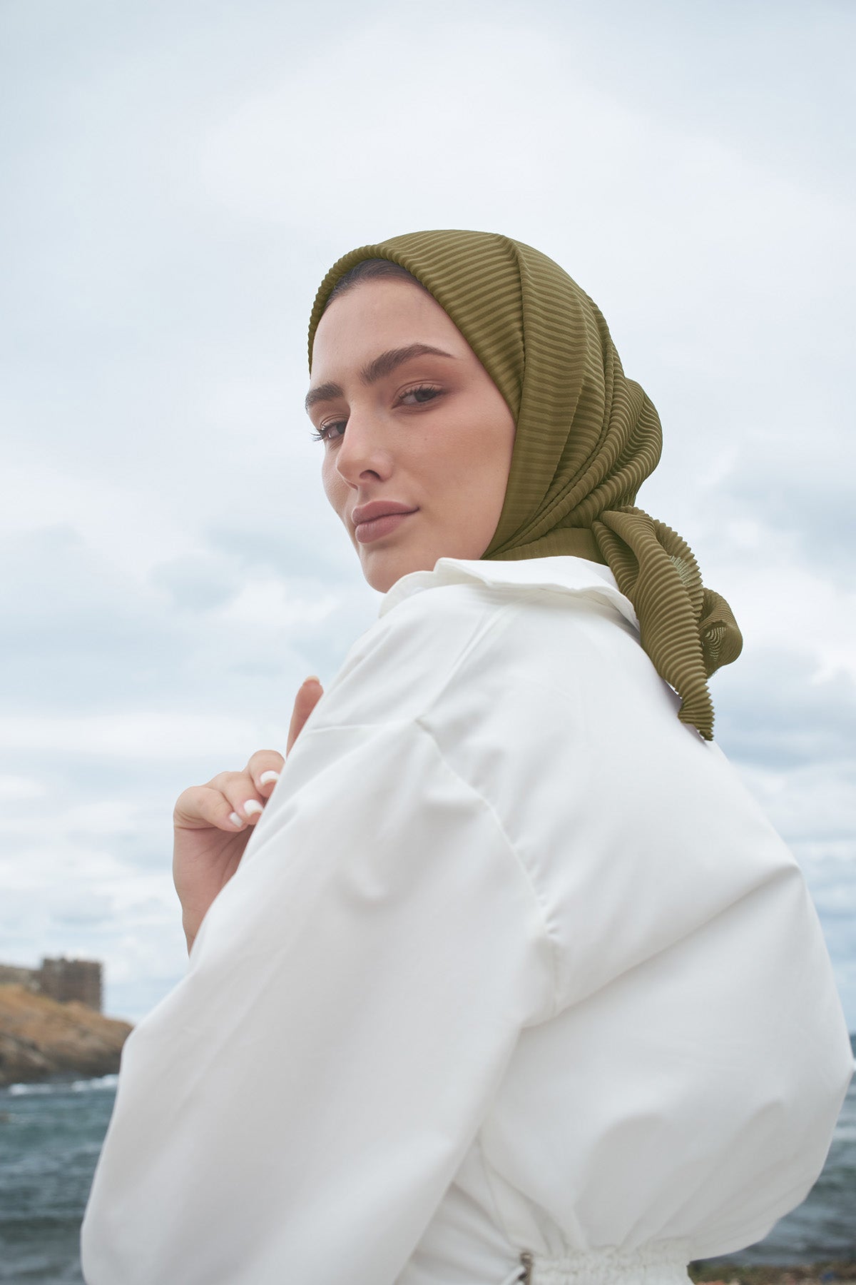 Pleated Chiffon Scarf in Army Green color