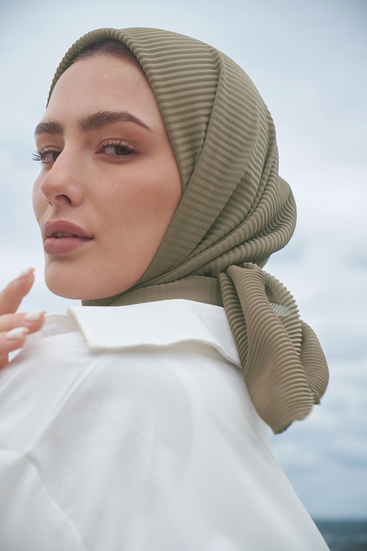 Pleated Chiffon Scarf in Olive Haze Color