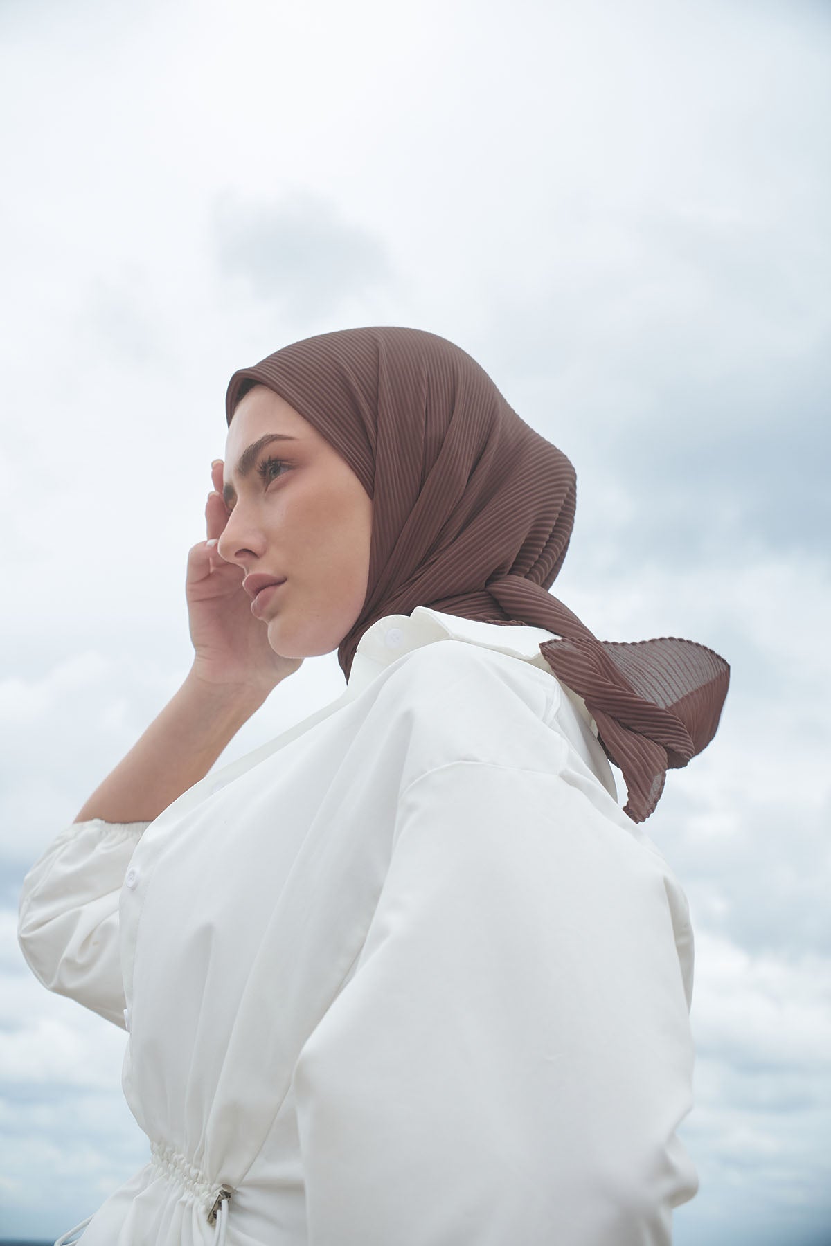 Pleated Chiffon Scarf in Roman Coffee Color