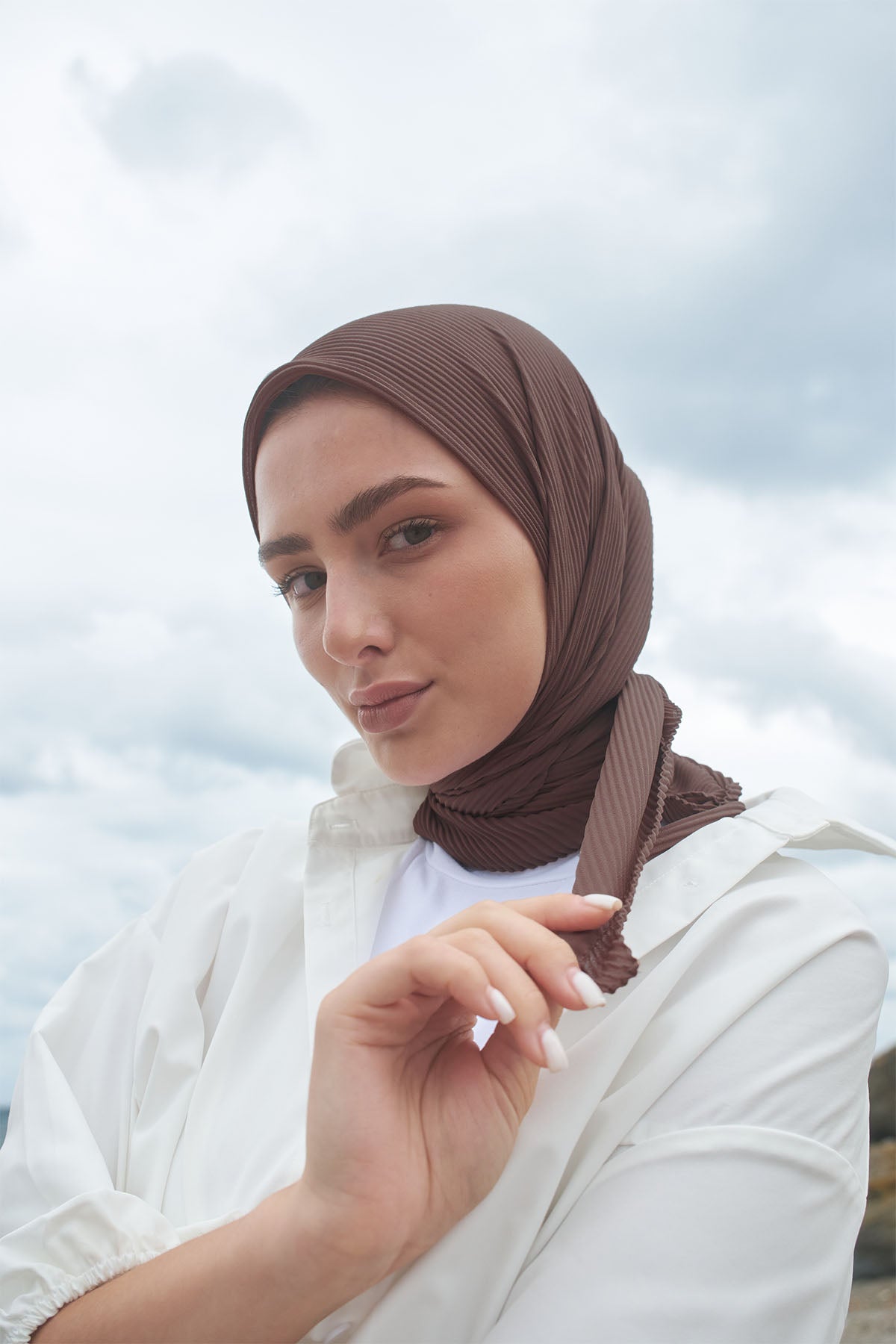 Pleated Chiffon Scarf in Roman Coffee Color