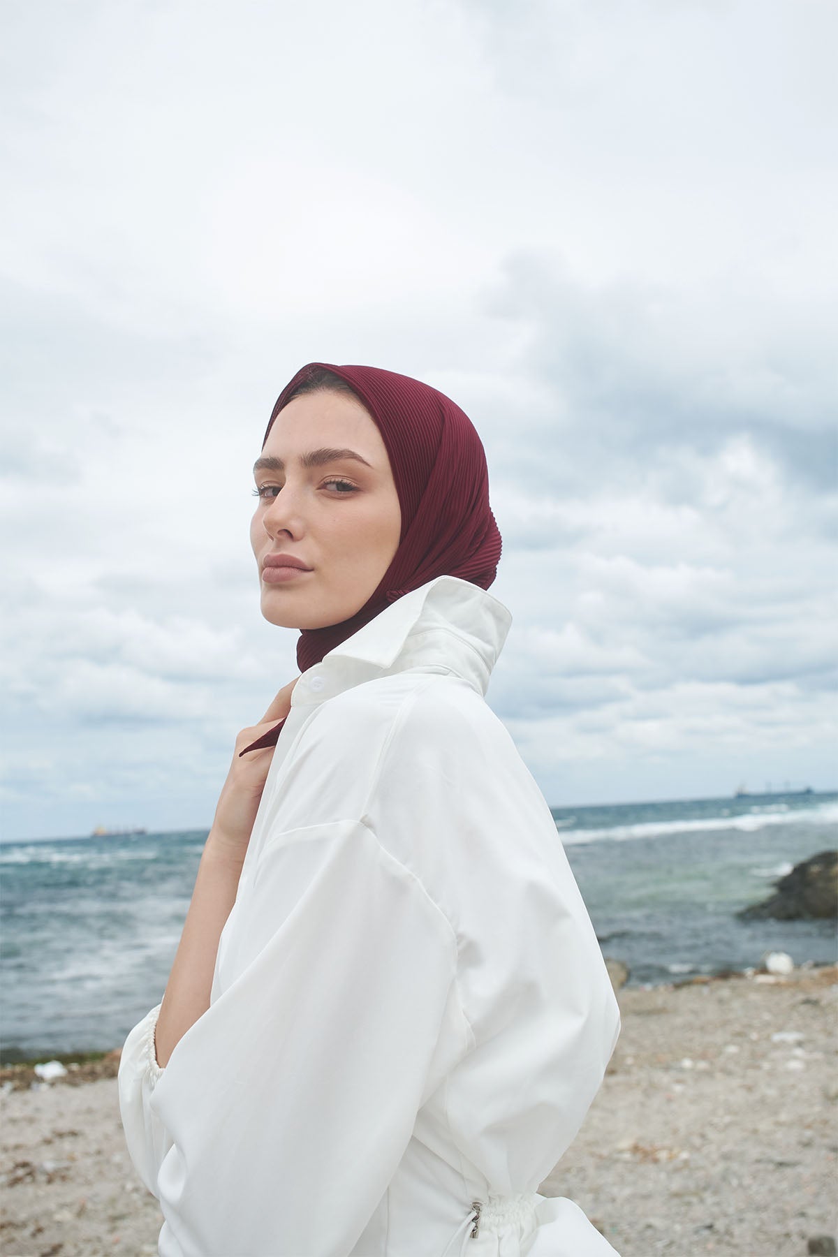 Pleated Chiffon Scarf in Maroon Color