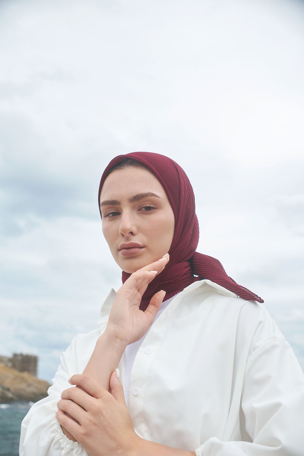 Pleated Chiffon Scarf in Maroon Color