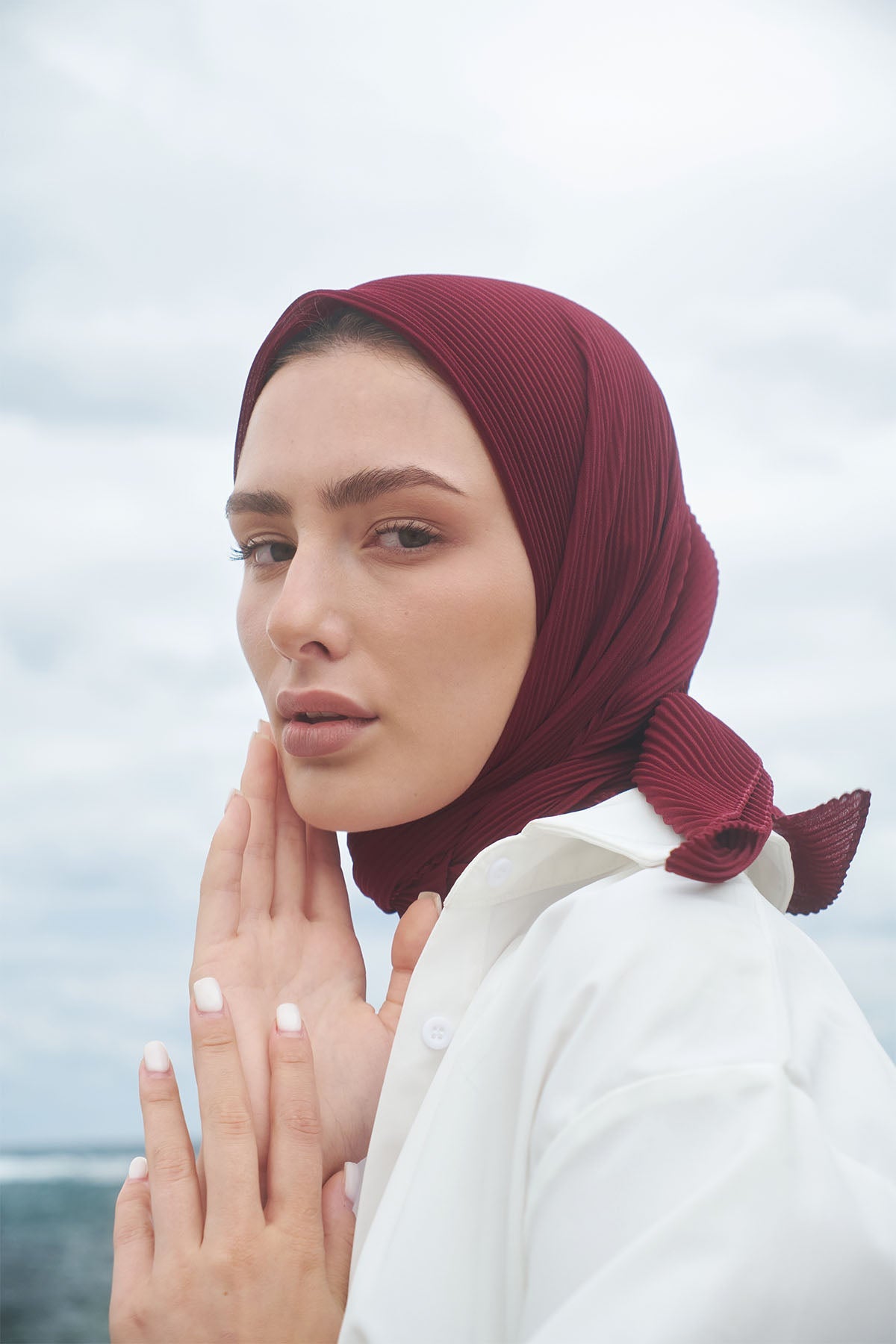 Pleated Chiffon Scarf in Maroon Color