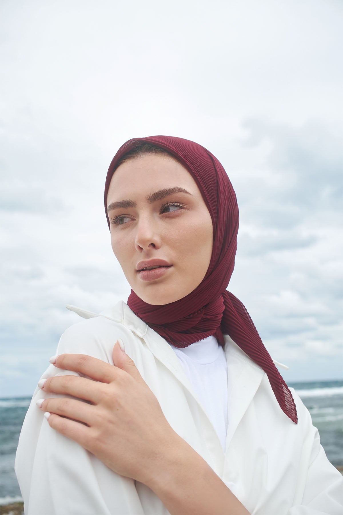 Pleated Chiffon Scarf in Maroon Color