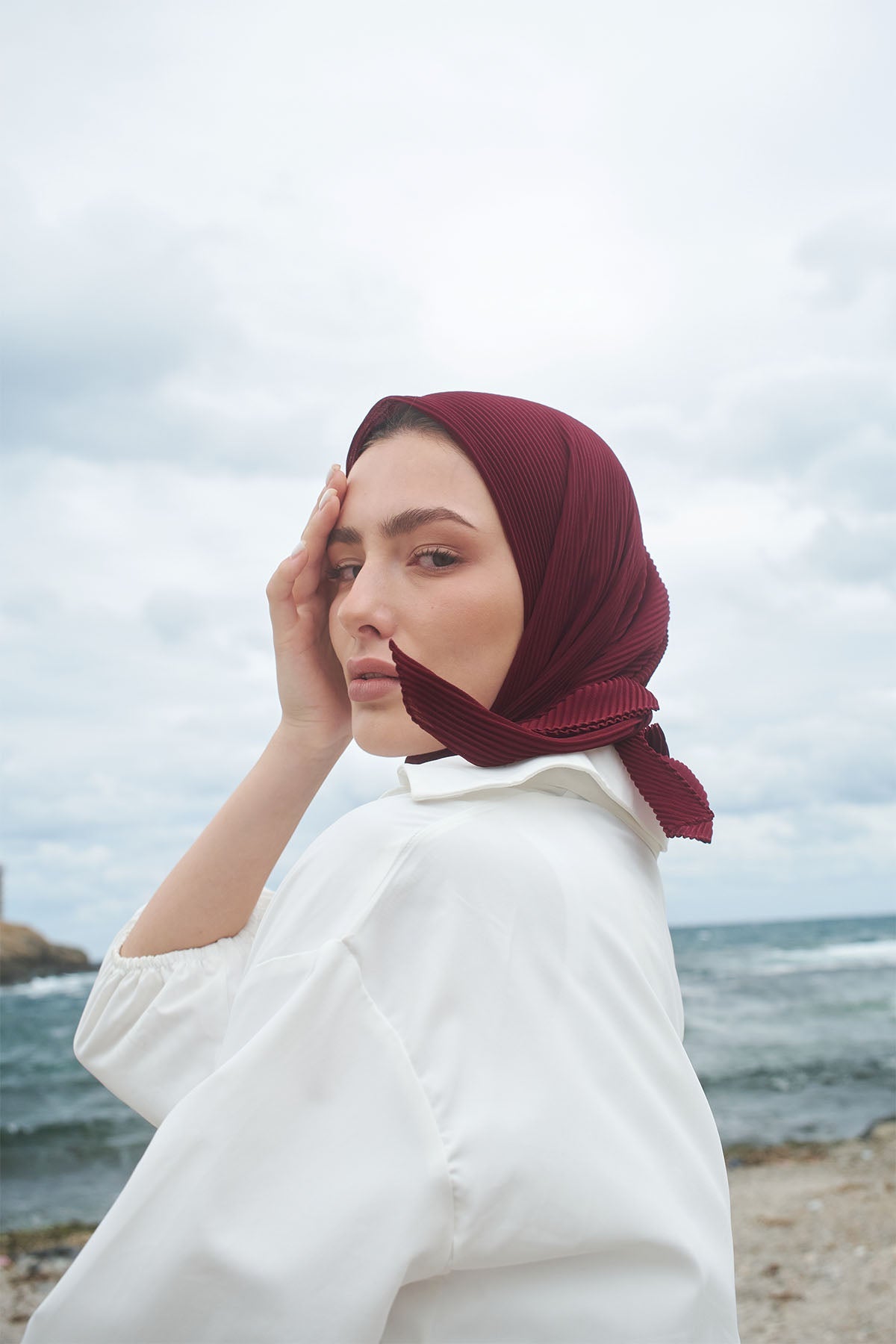 Pleated Chiffon Scarf in Maroon Color