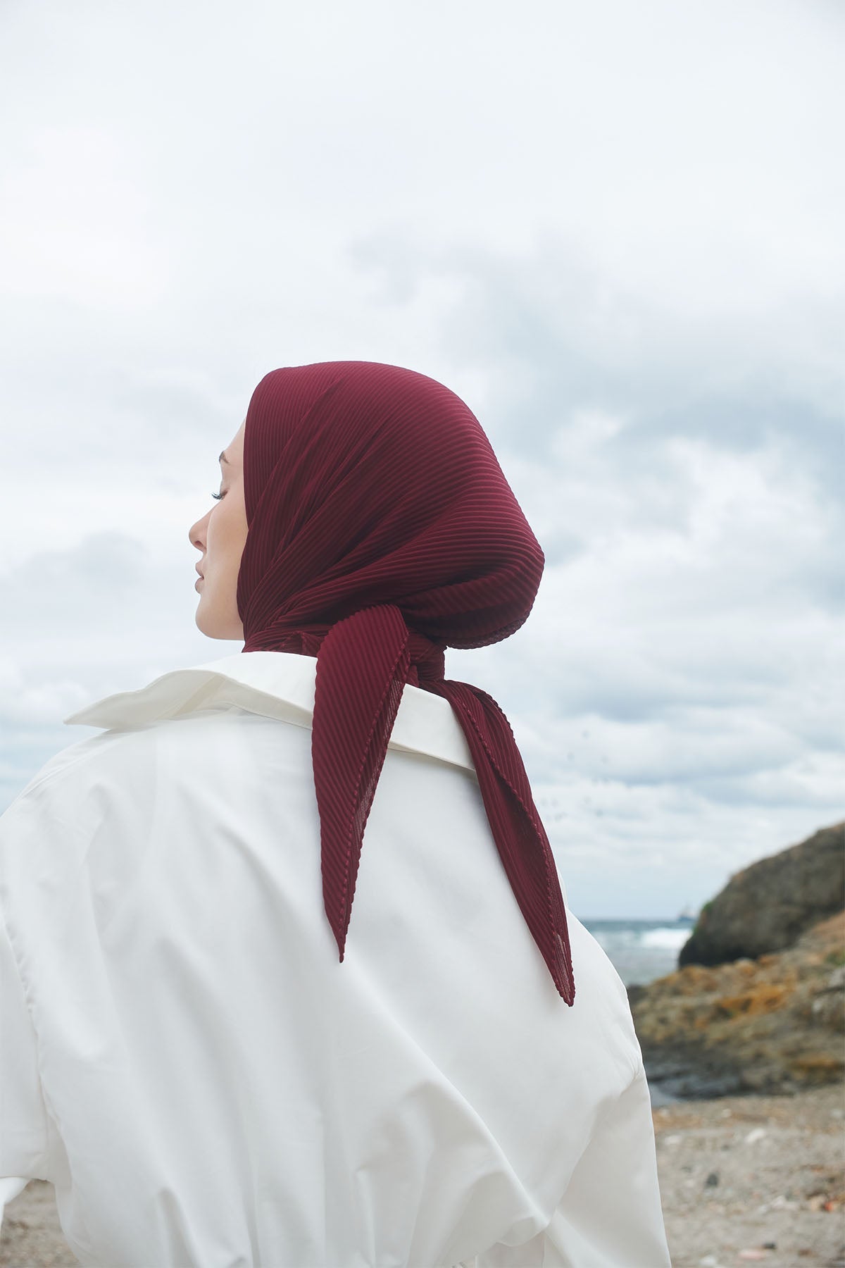 Pleated Chiffon Scarf in Maroon Color