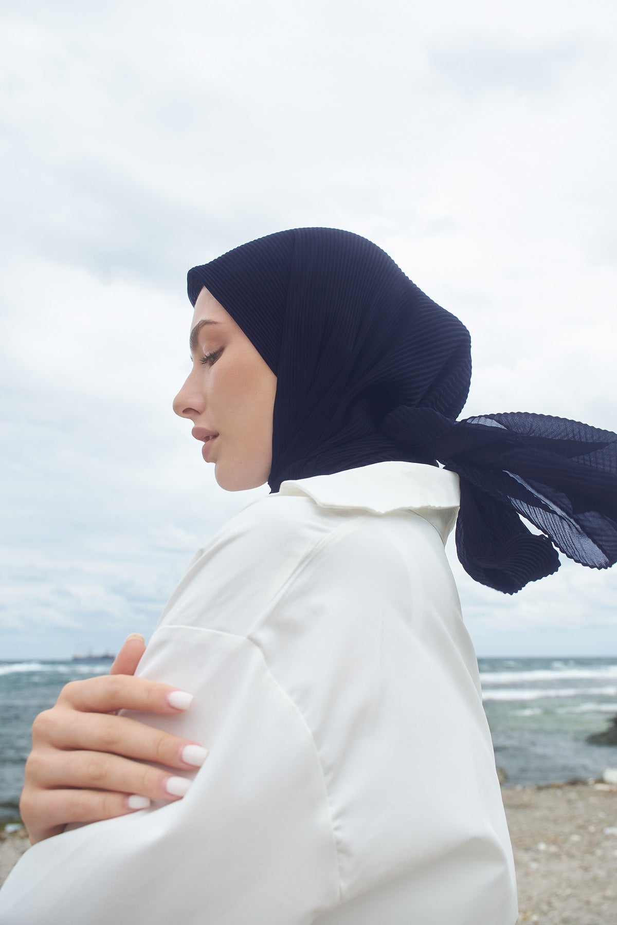 Pleated Chiffon in Navy color