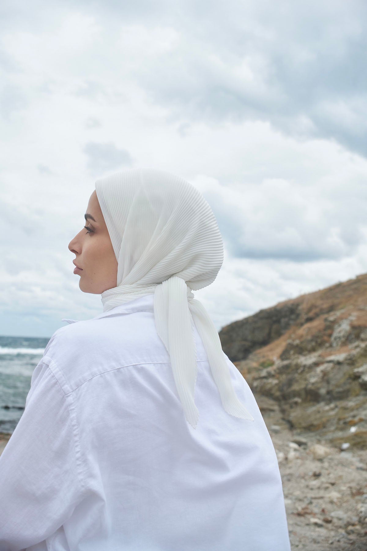 Pleated Chiffon Scarf in Off-White Color