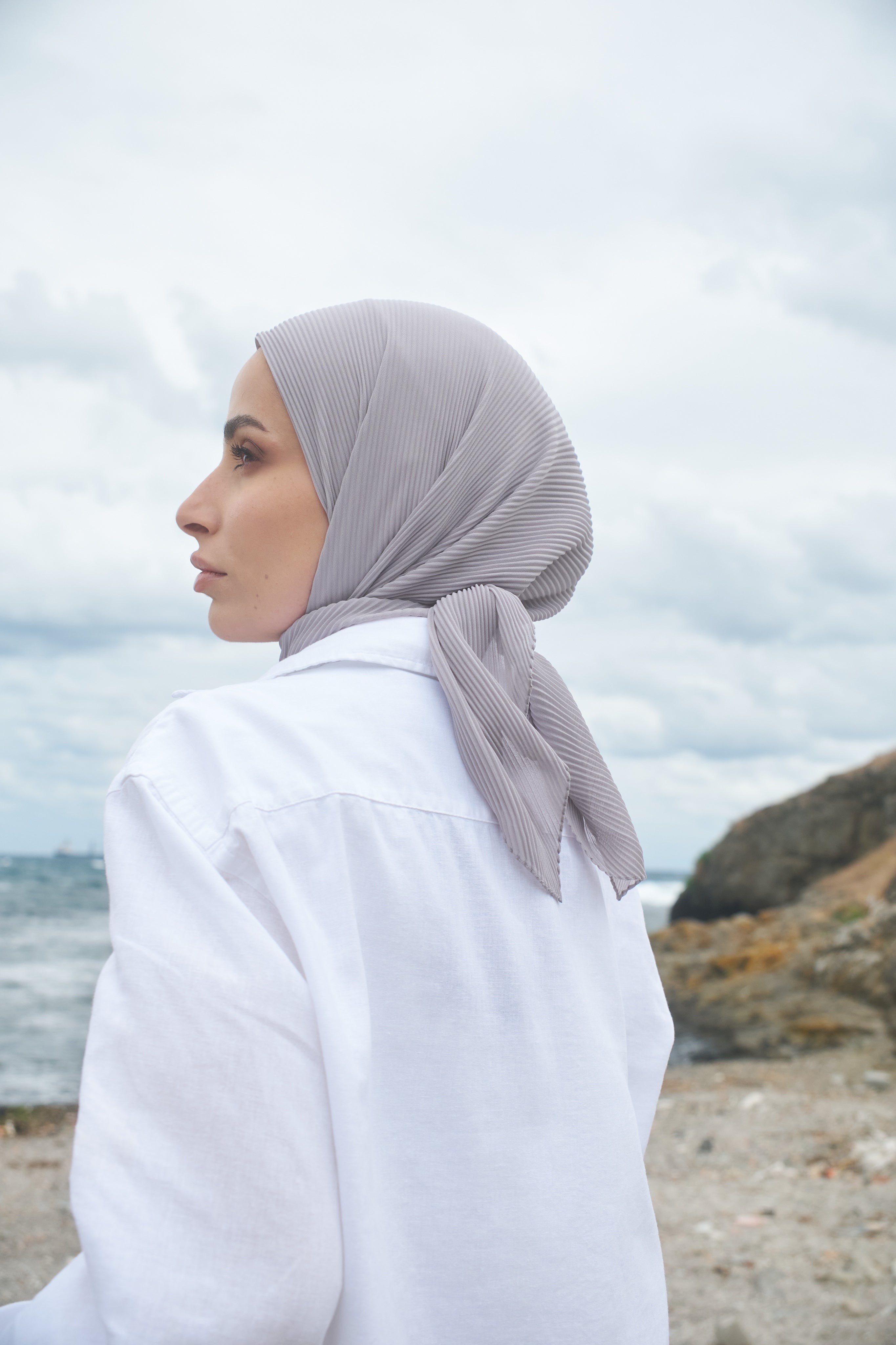 Pleated Chiffon Scarf in Silver Color