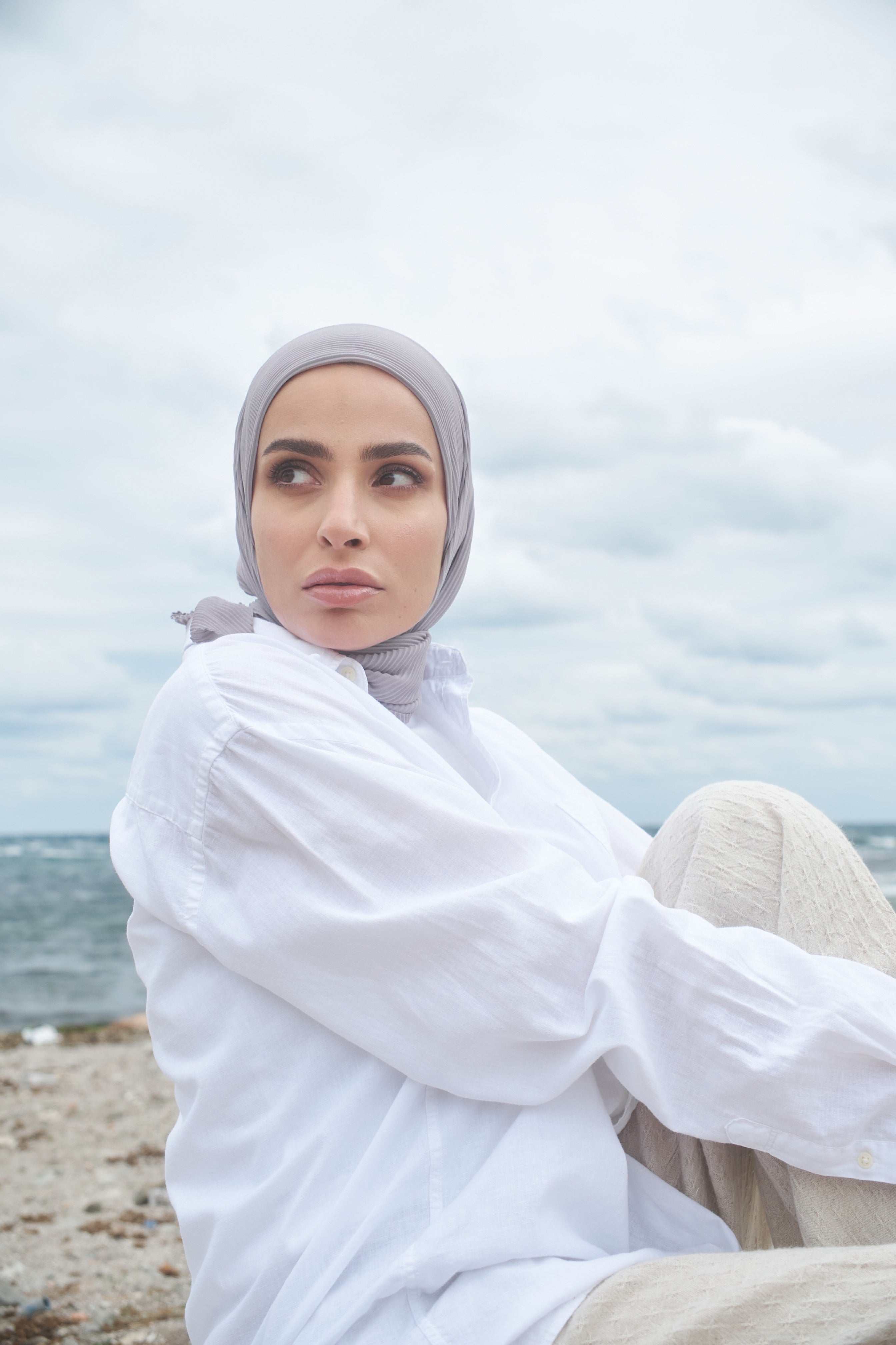 Pleated Chiffon Scarf in Silver Color