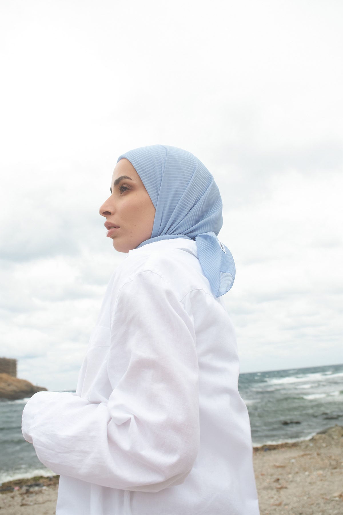 Pleated Chiffon Scarf in Sky Blue Color