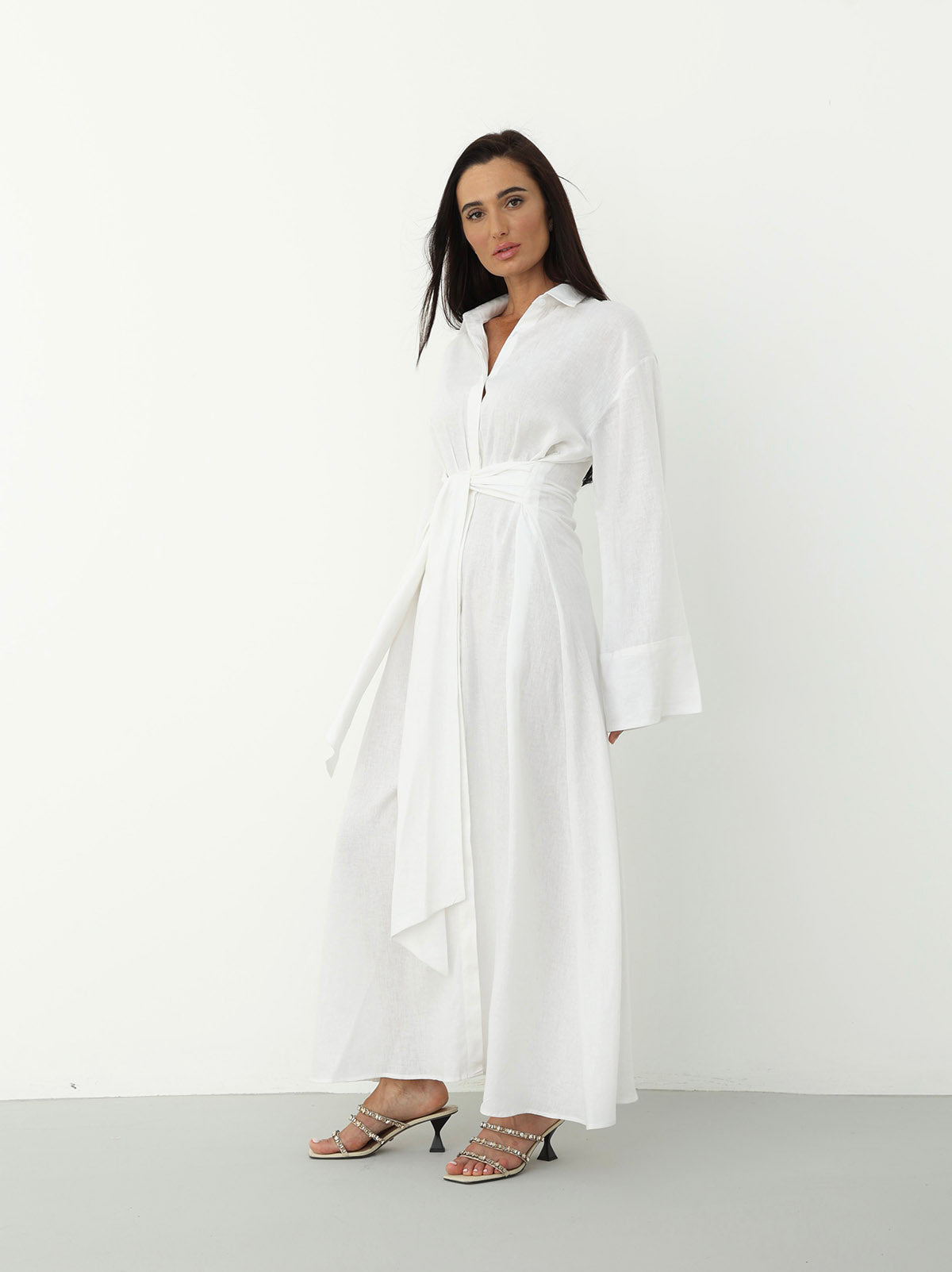 Linen Wrap Dress in White Color