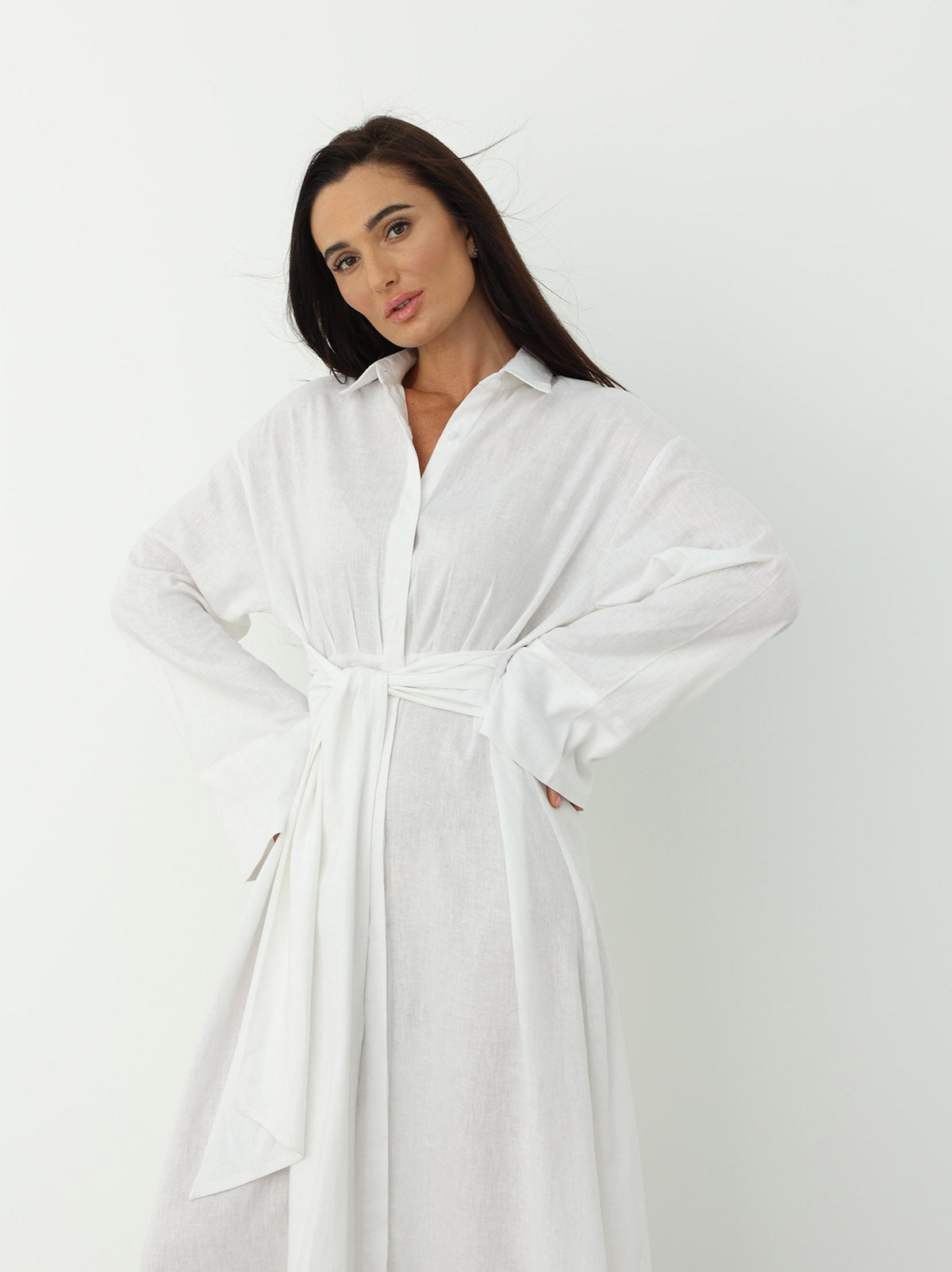 Linen Wrap Dress in White Color