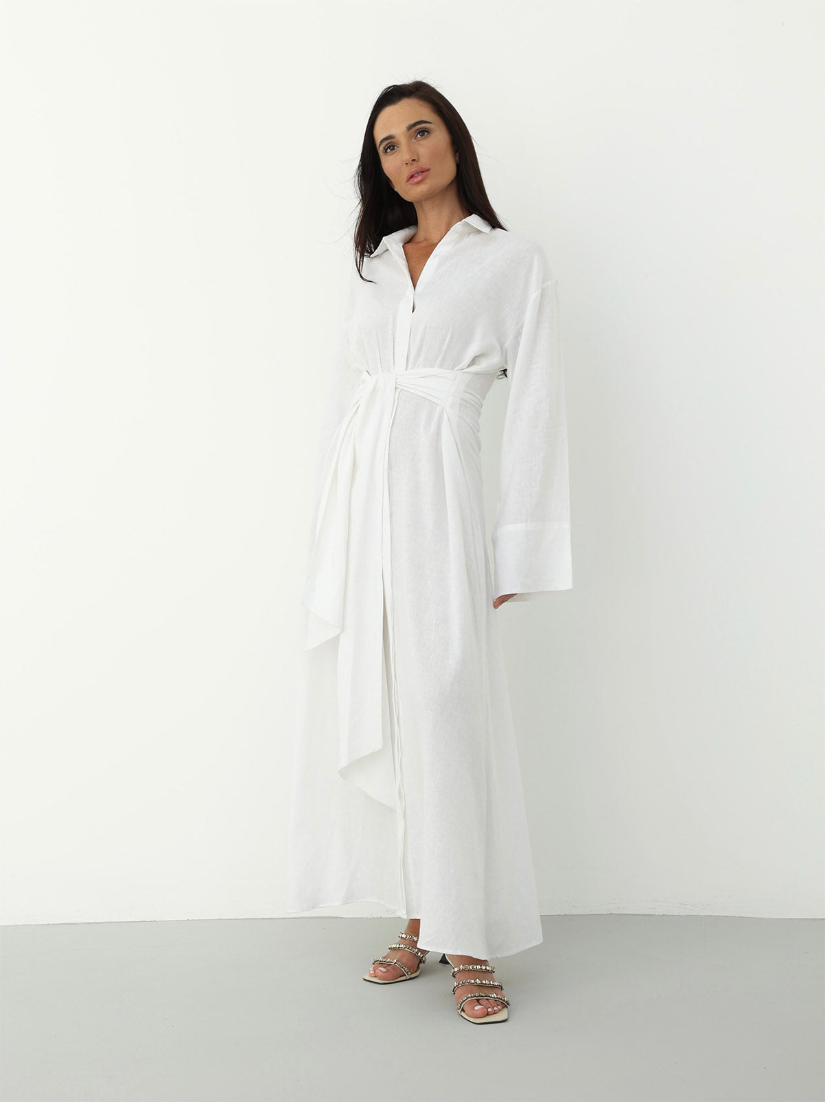 Linen Wrap Dress in White Color