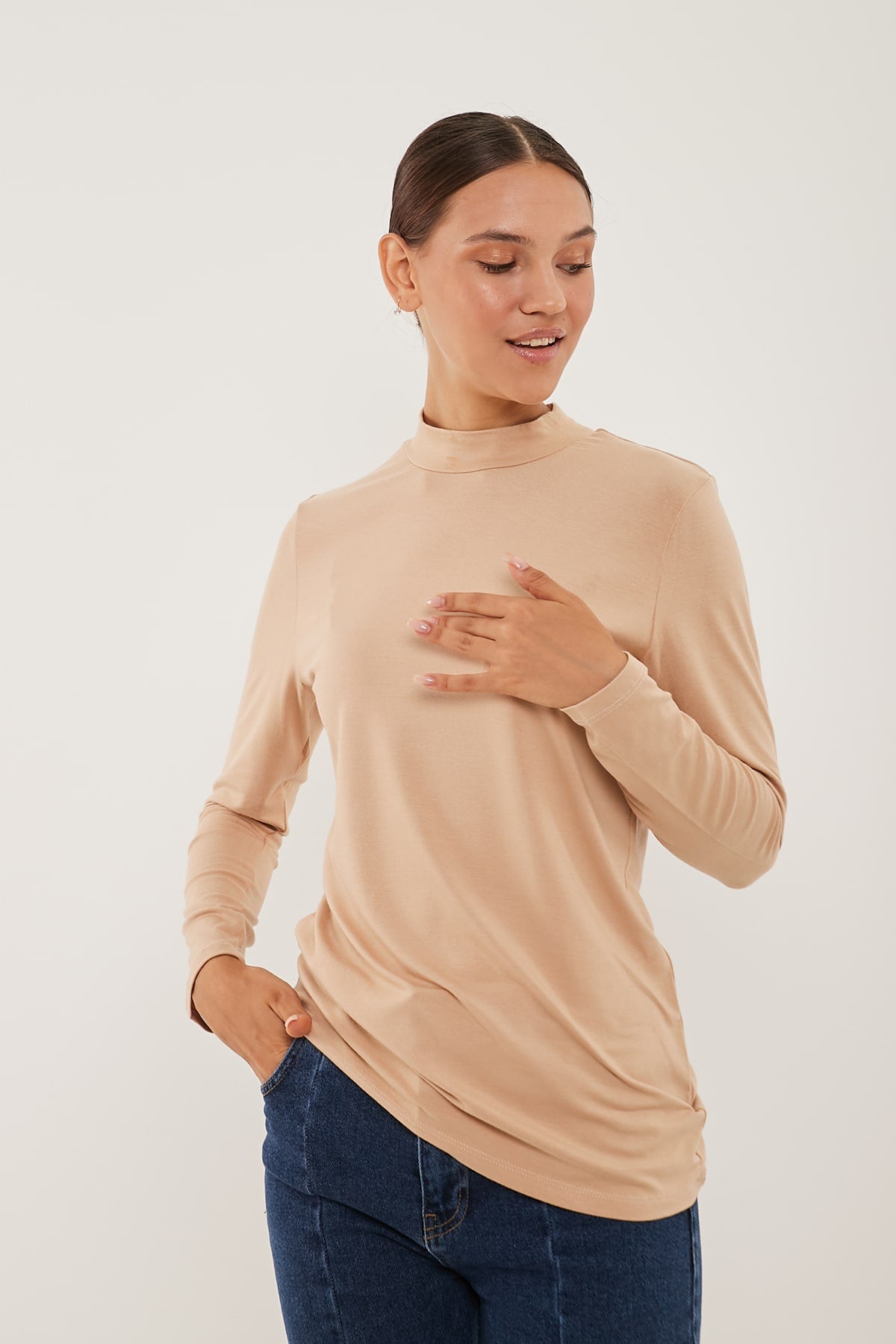 Long Sleeves Basic Top in Beige Color