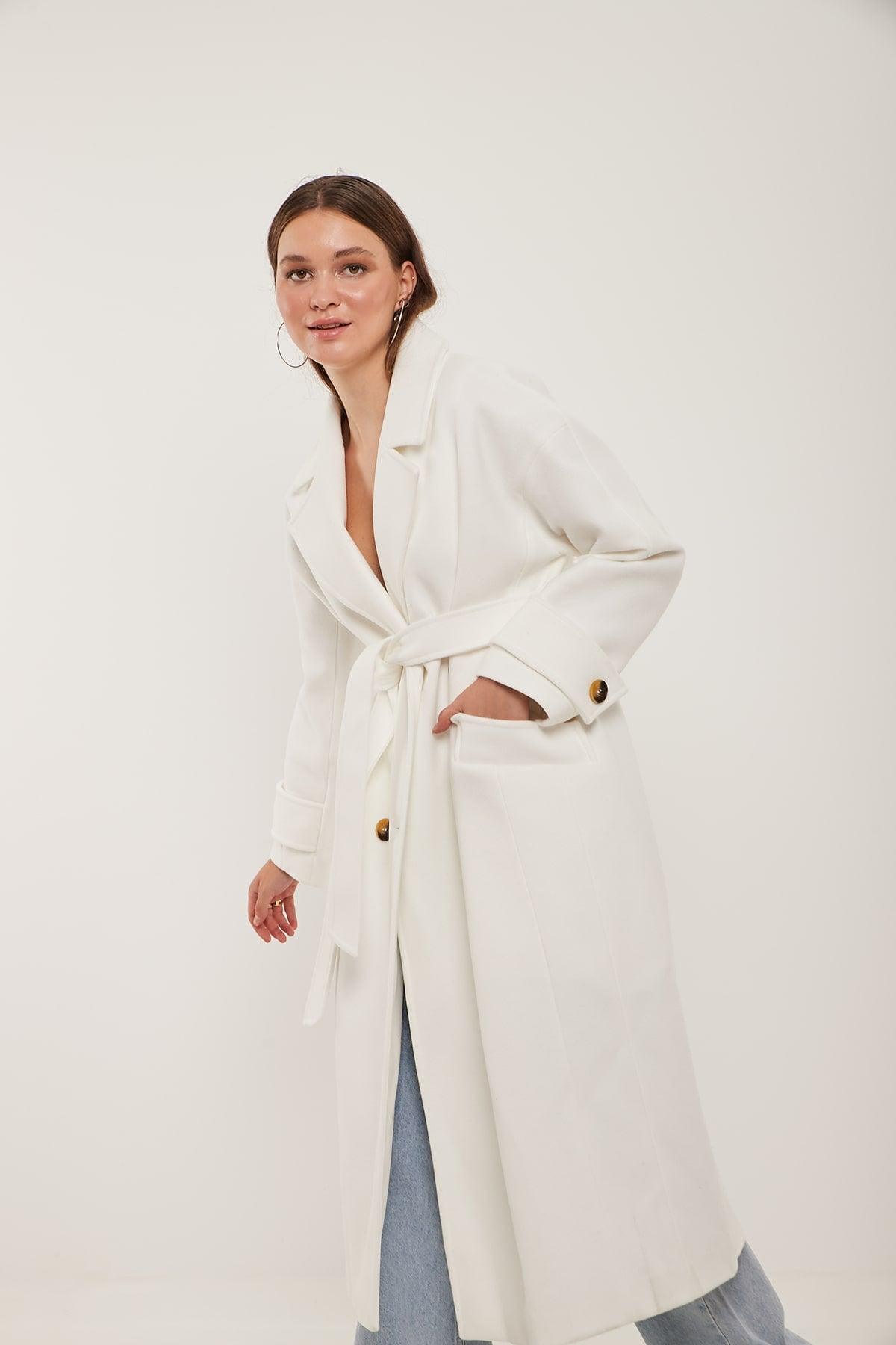 White Padded Belted Coat in White Color