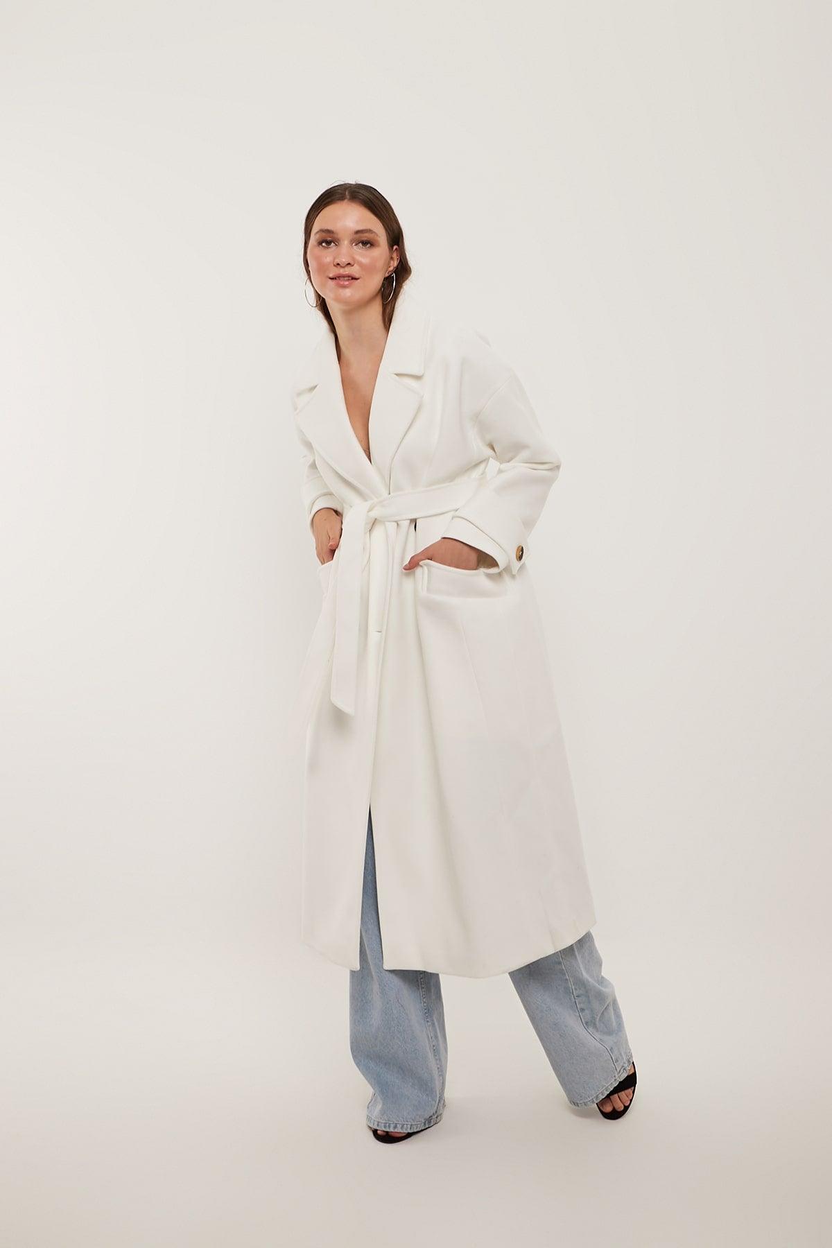 White Padded Belted Coat in White Color