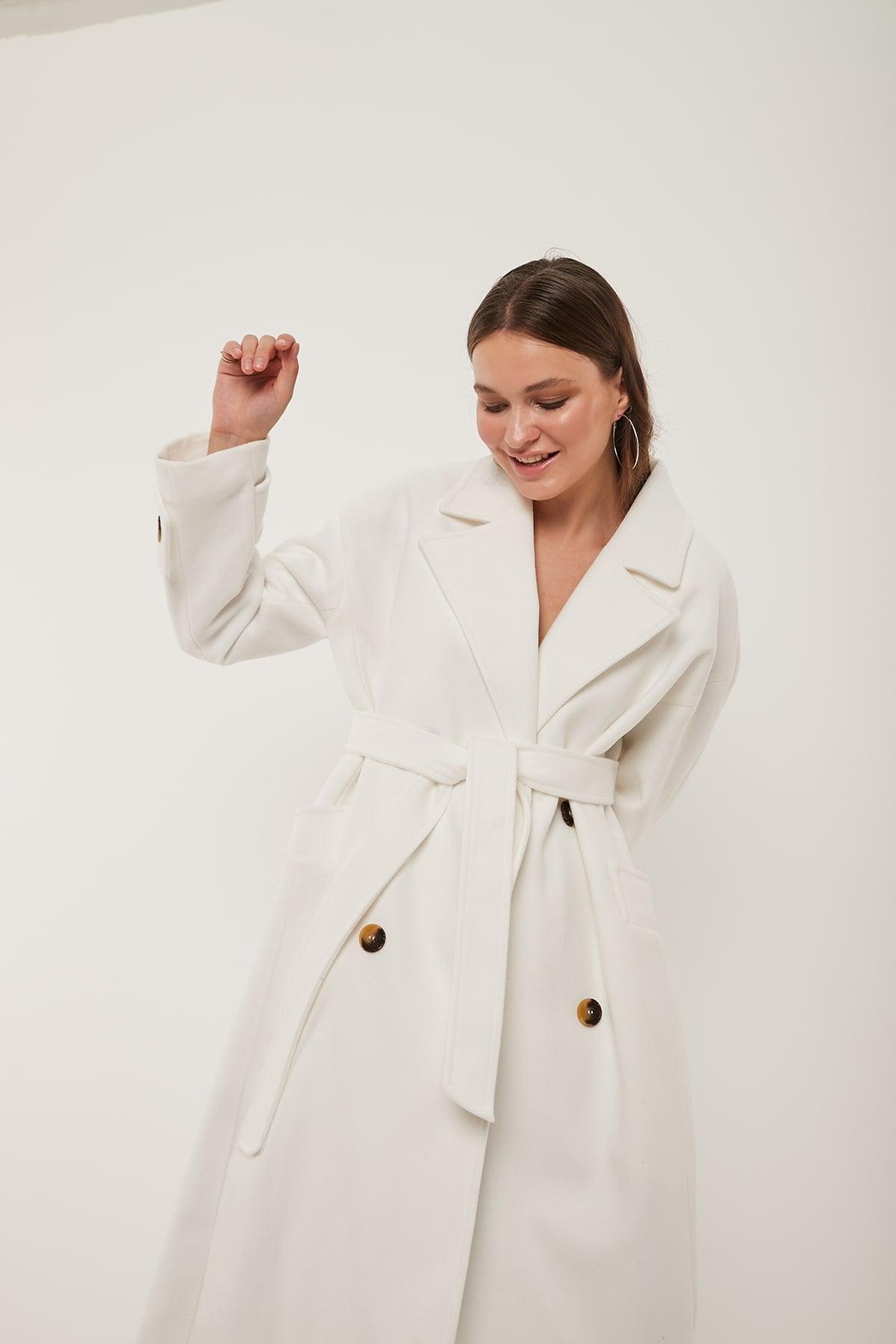 White Padded Belted Coat in White Color