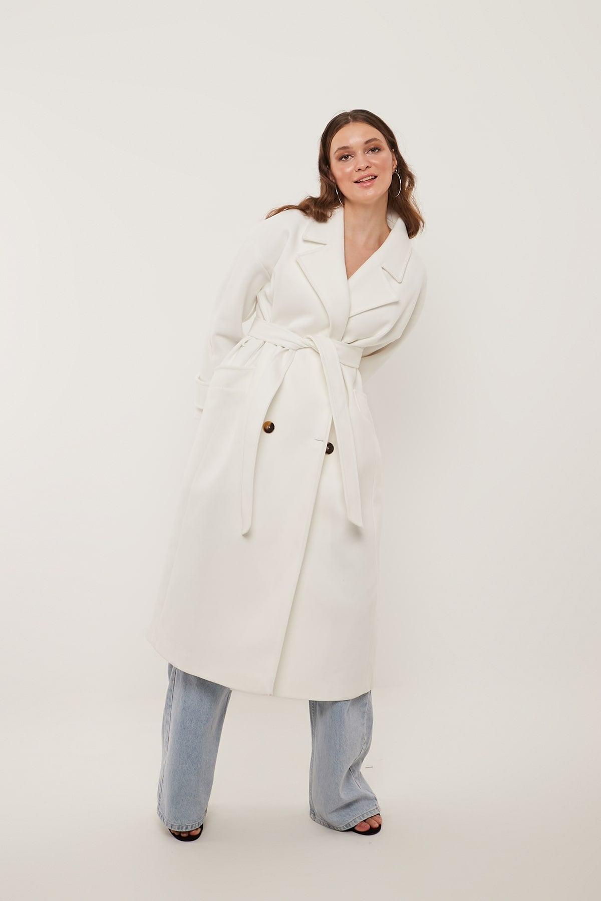 White Padded Belted Coat in White Color