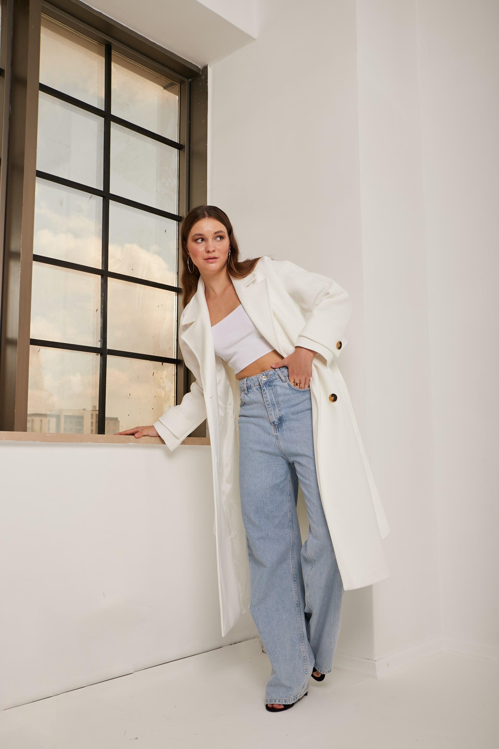 White Padded Belted Coat in White Color