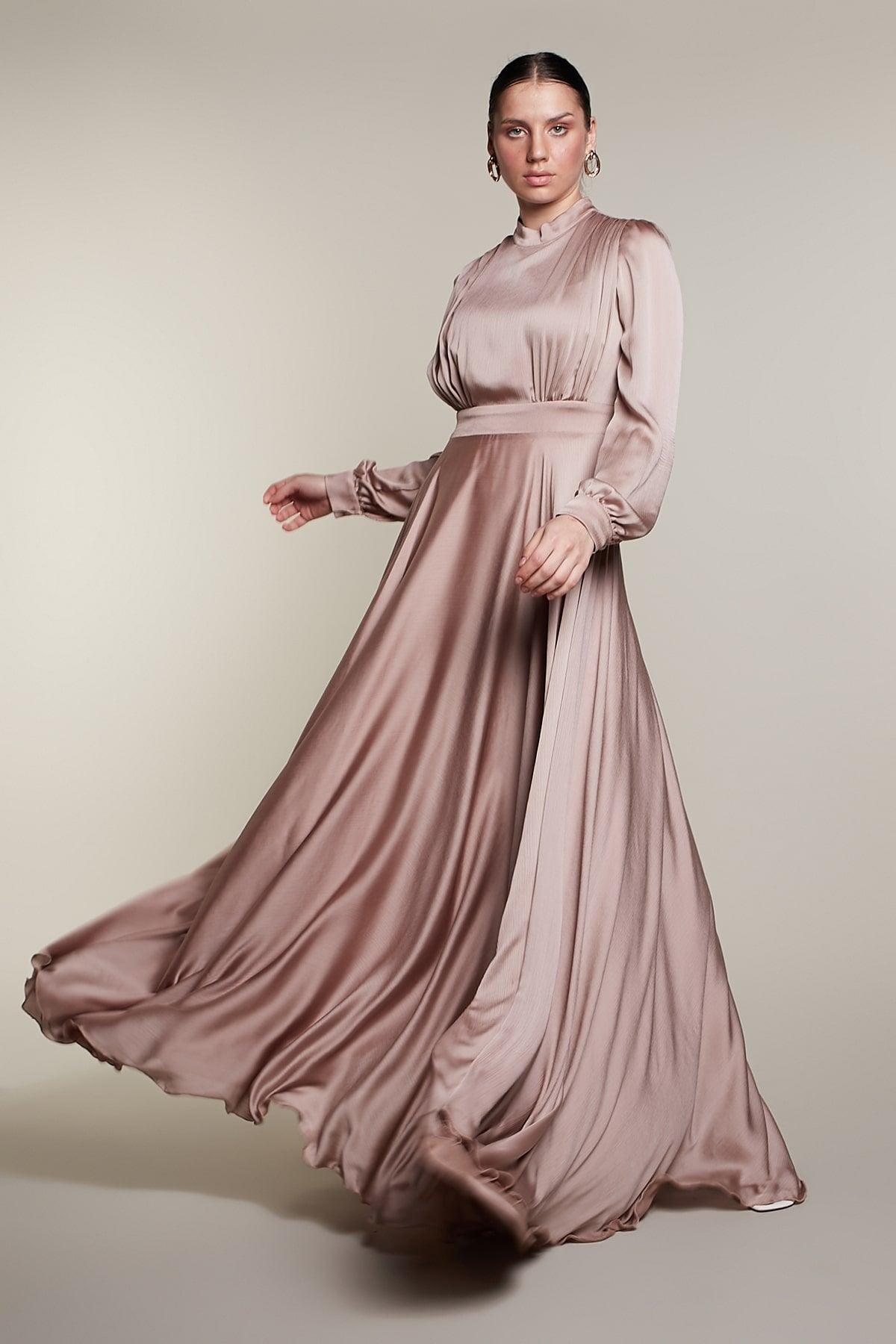 Evening Belted Dress in French Beige Color