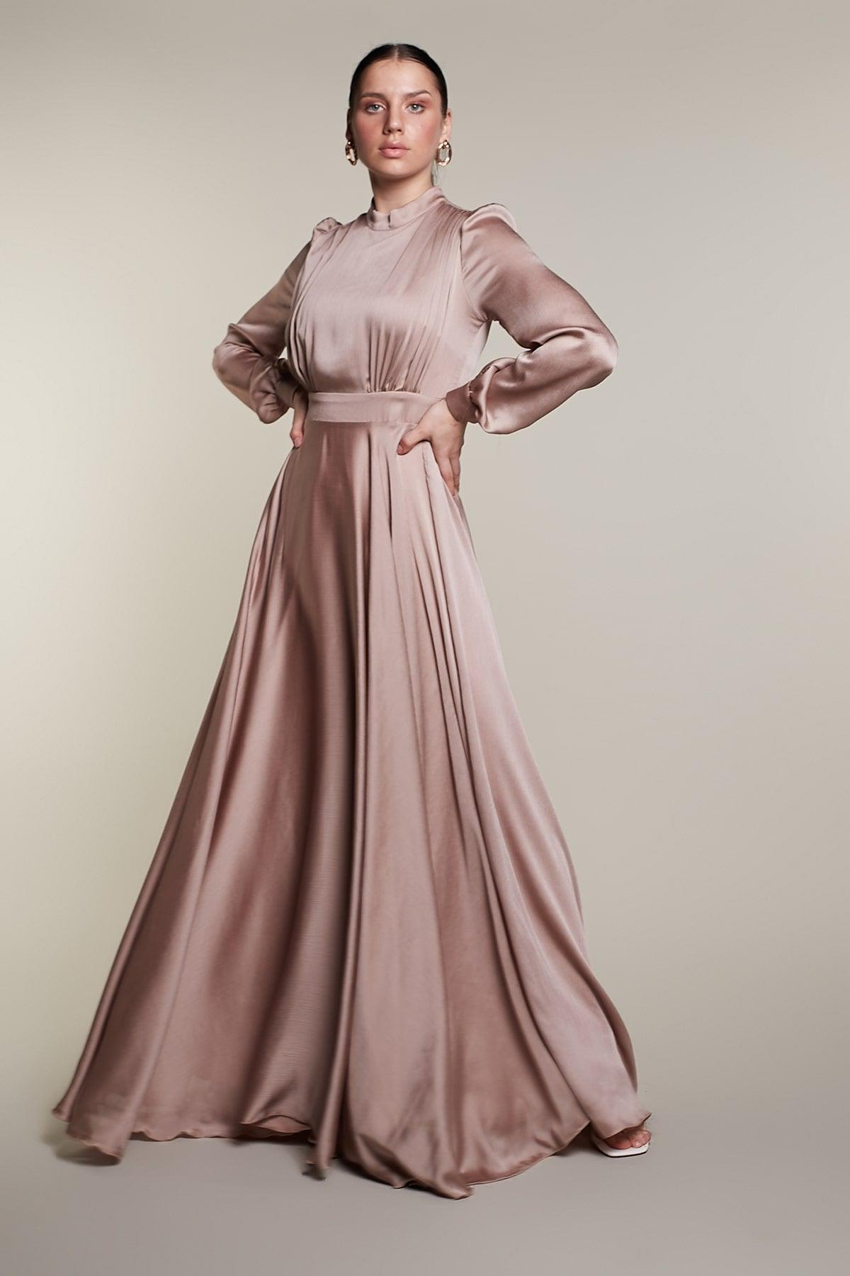 Evening Belted Dress in French Beige Color