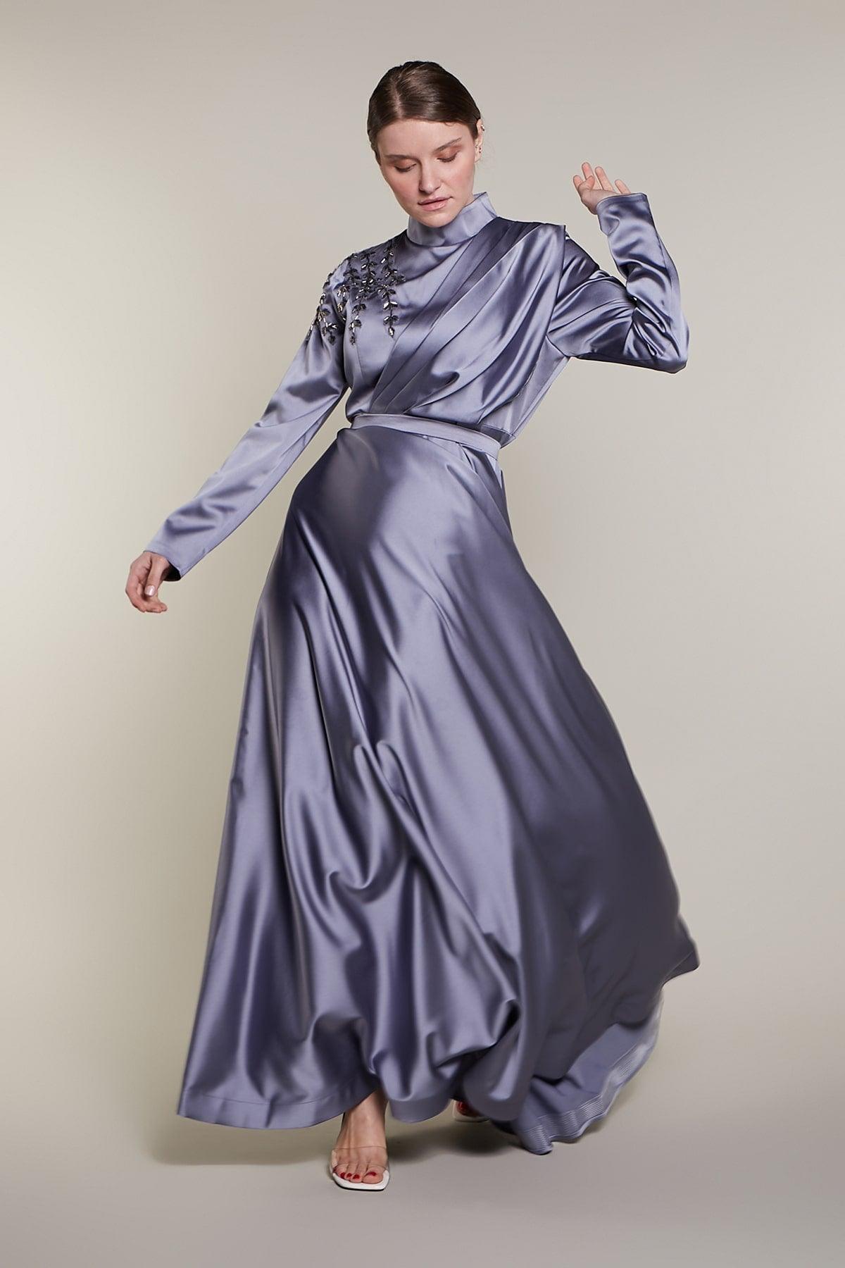 Belted Satin Dress in French Gray Color