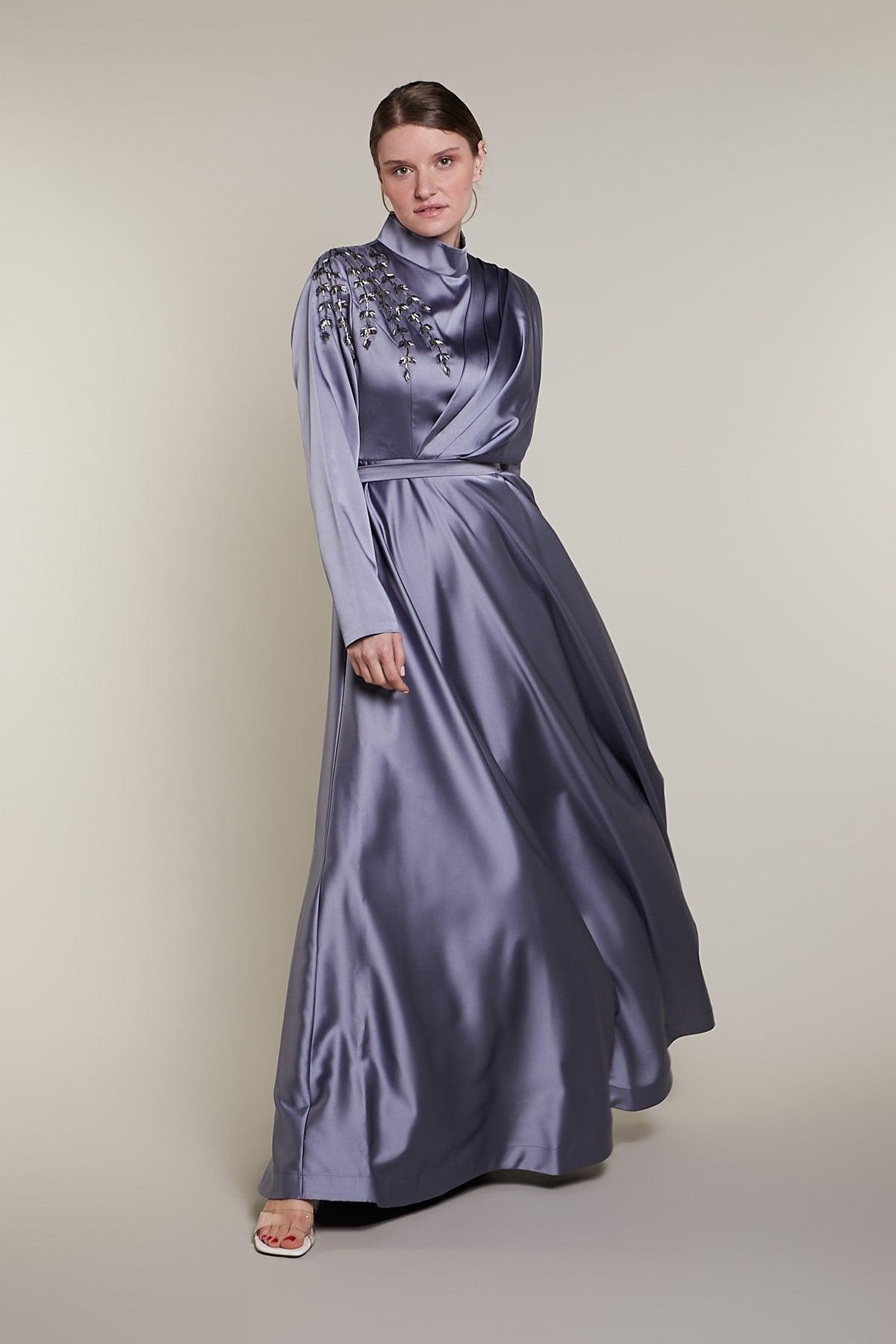 Belted Satin Dress in French Gray Color