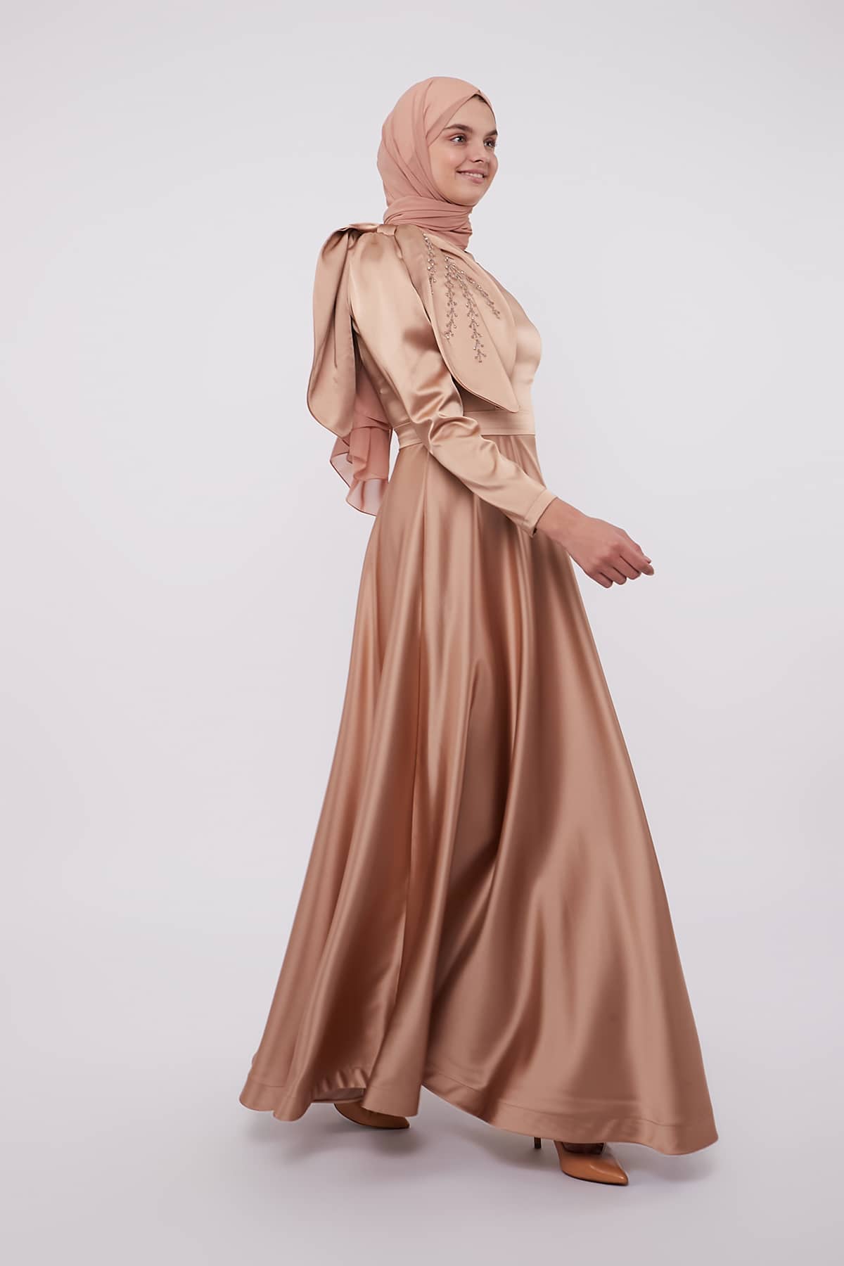 Side Leaf Gown in French Beige Color