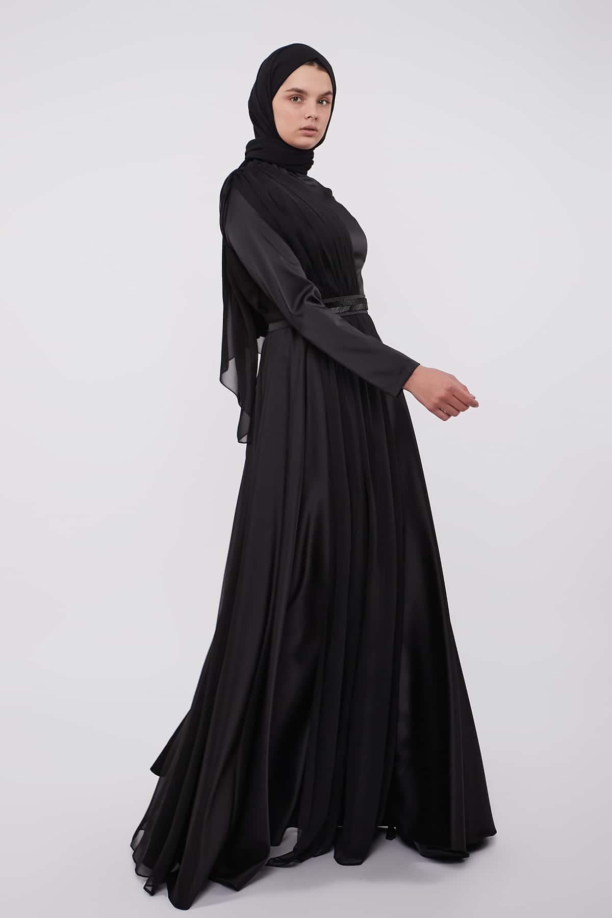 Evening Belted Dress in Black Color