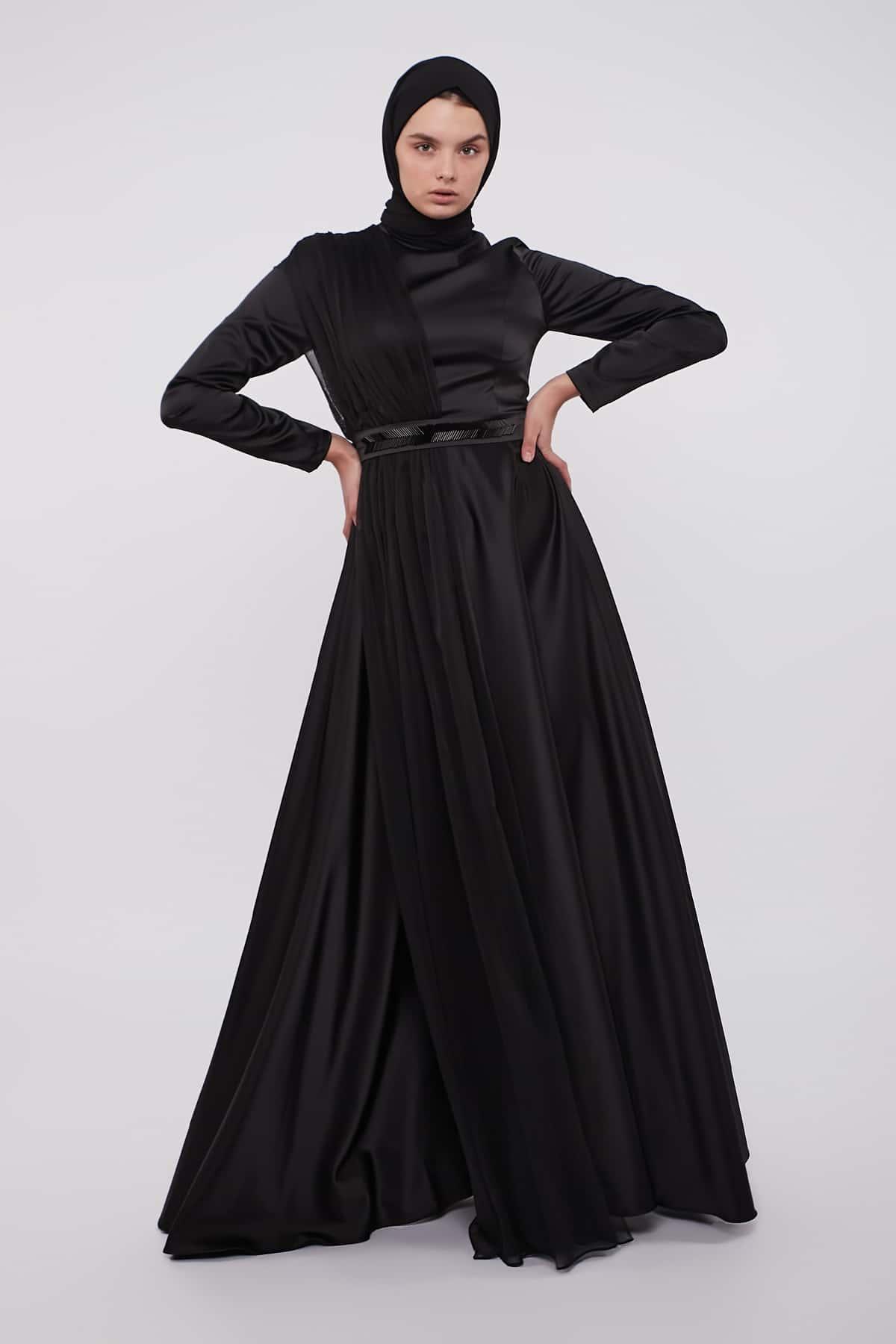 Evening Belted Dress in Black Color