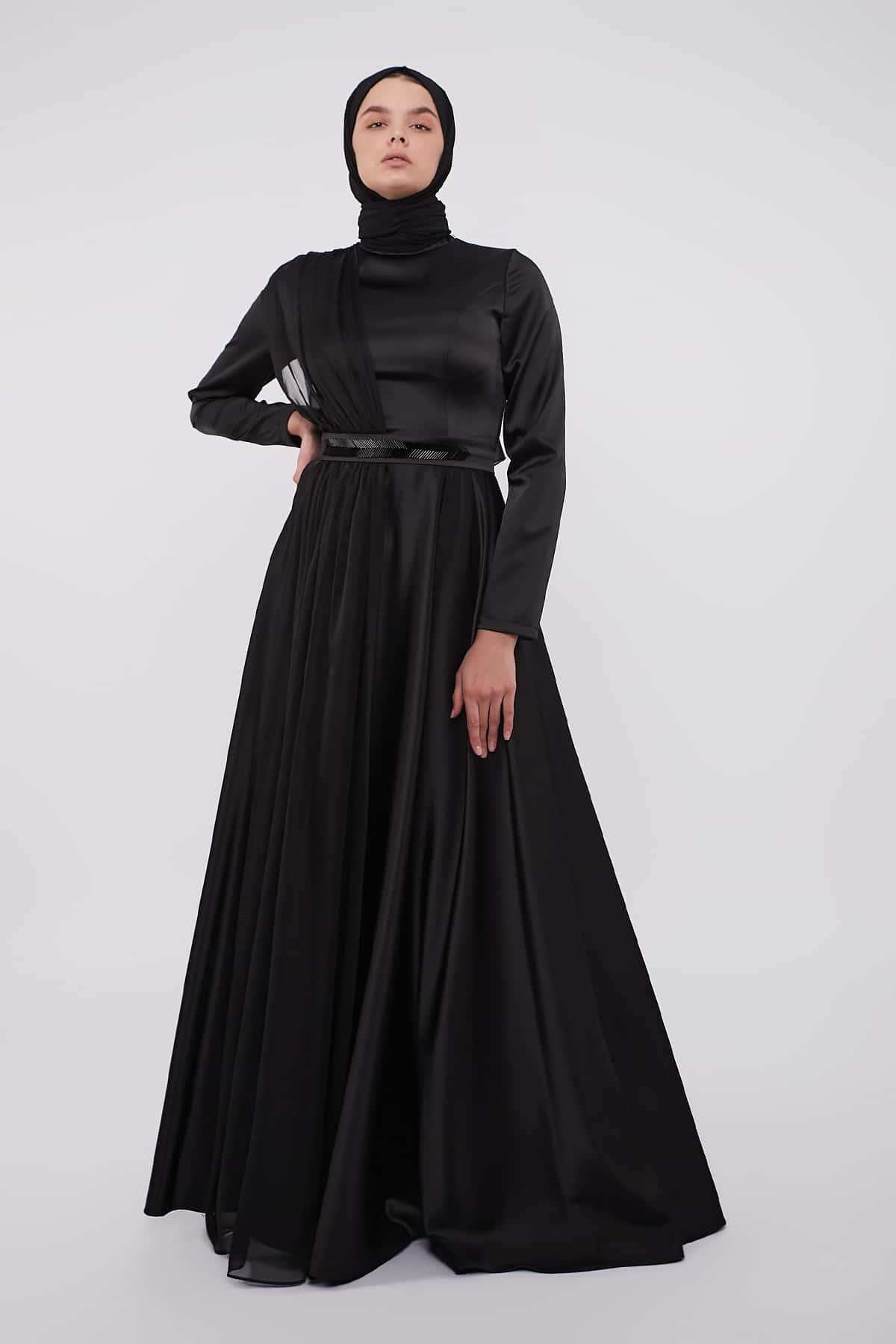 Evening Belted Dress in Black Color