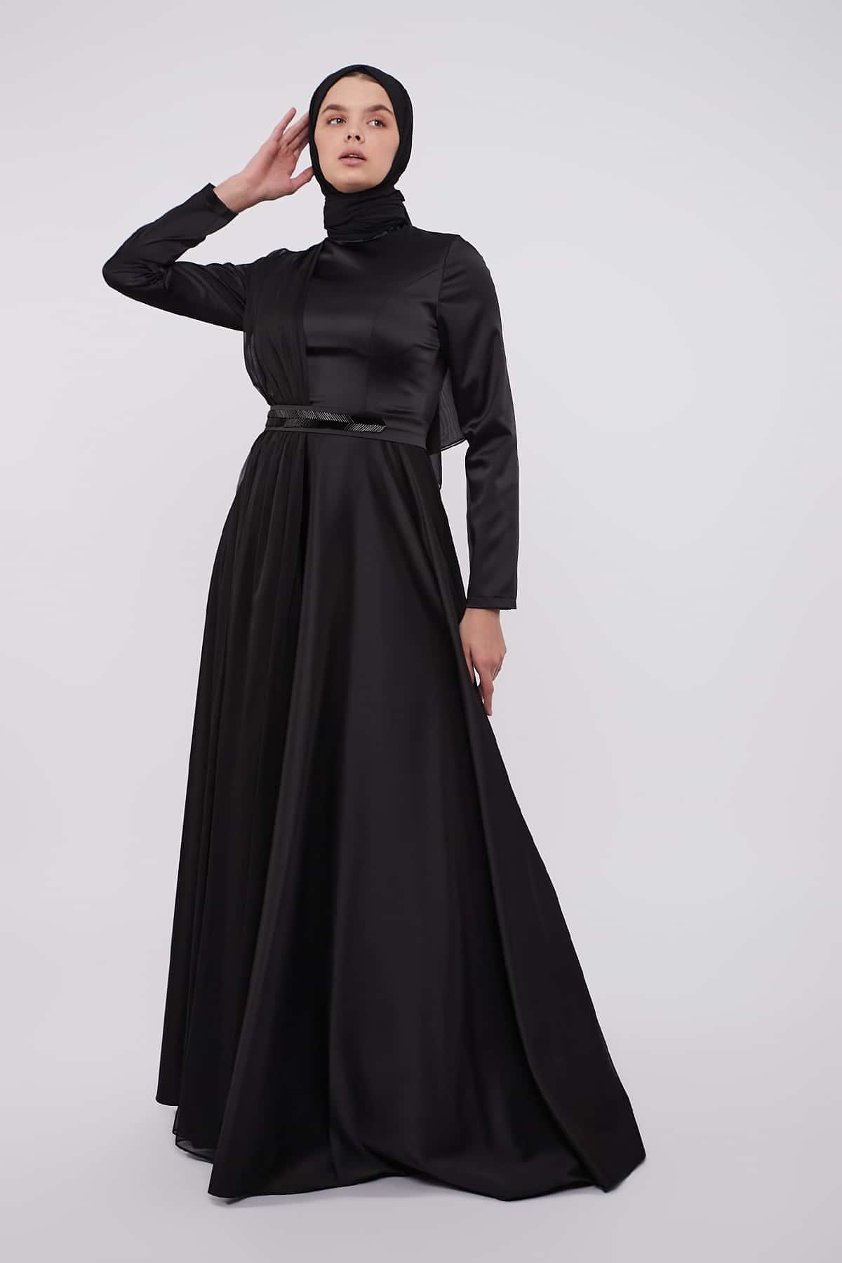 Evening Belted Dress in Black Color