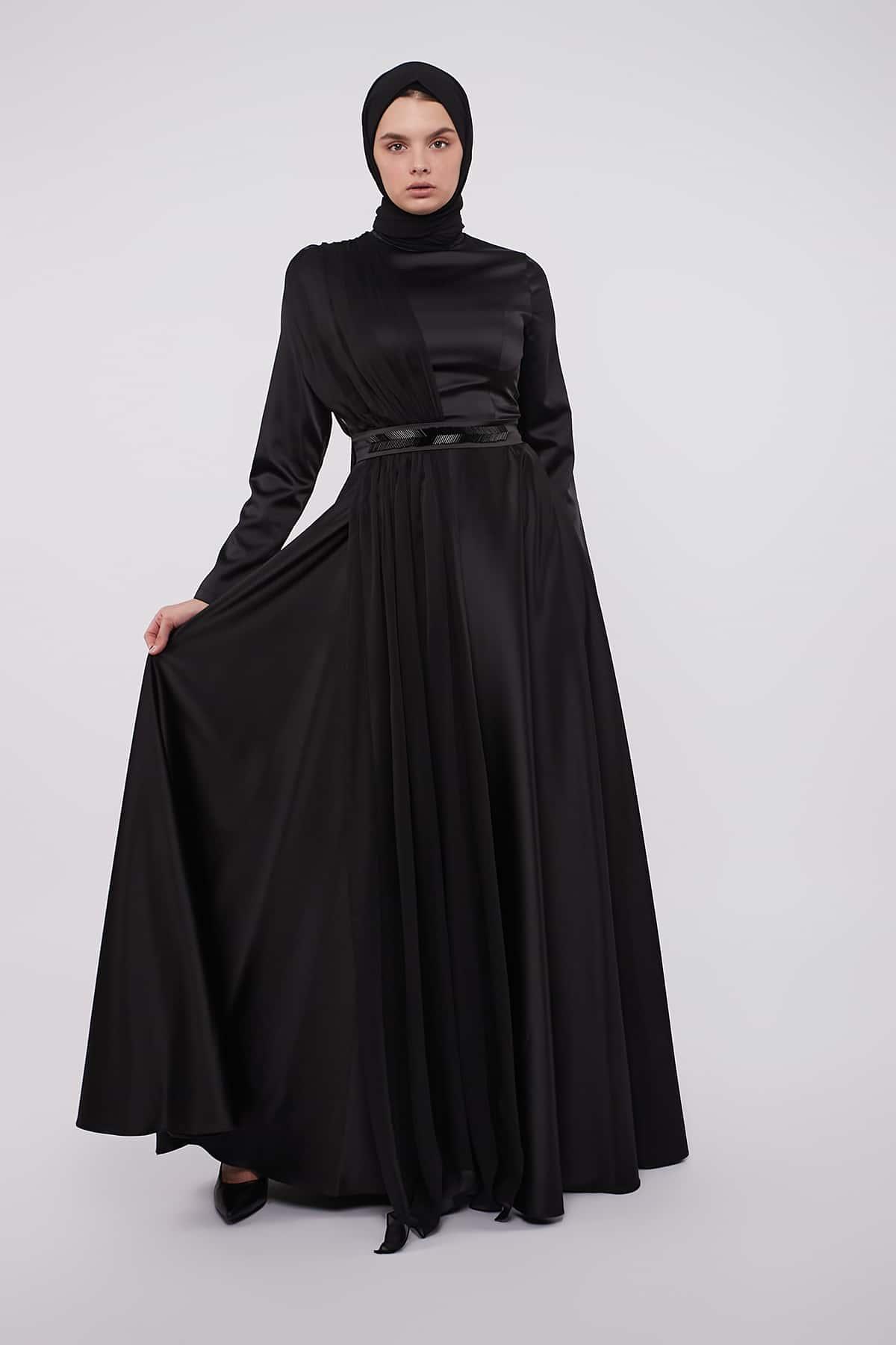 Evening Belted Dress in Black Color