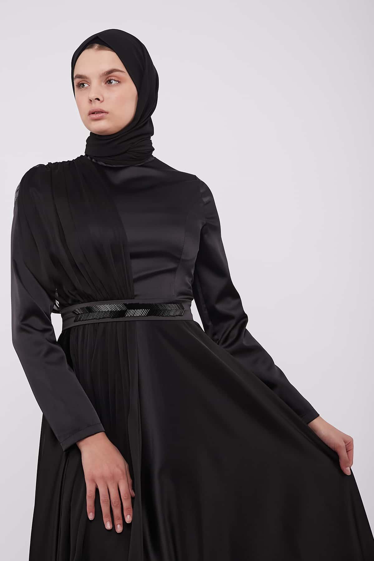 Evening Belted Dress in Black Color