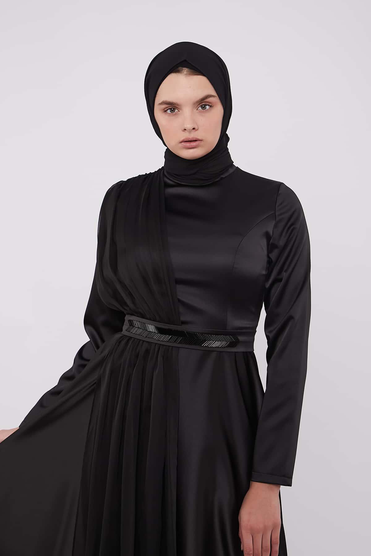 Evening Belted Dress in Black Color