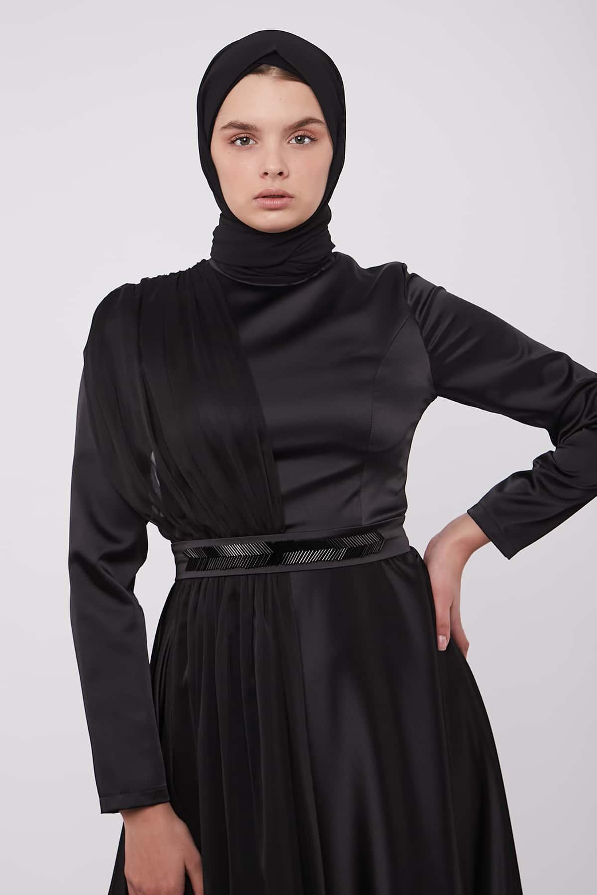 Evening Belted Dress in Black Color